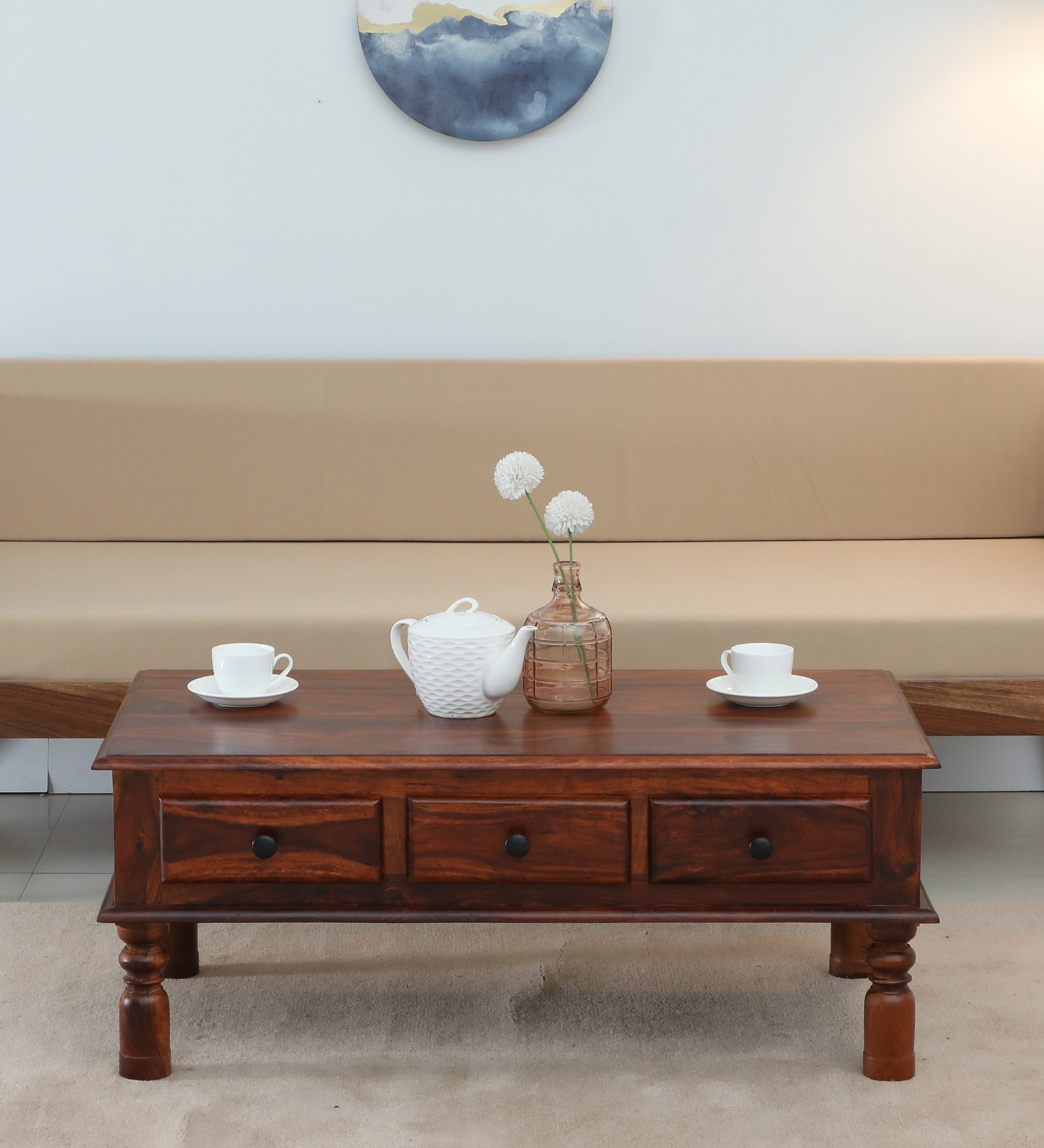 Takhat Sheesham Wood Coffee Table In Honey Oak Finish With Drawer