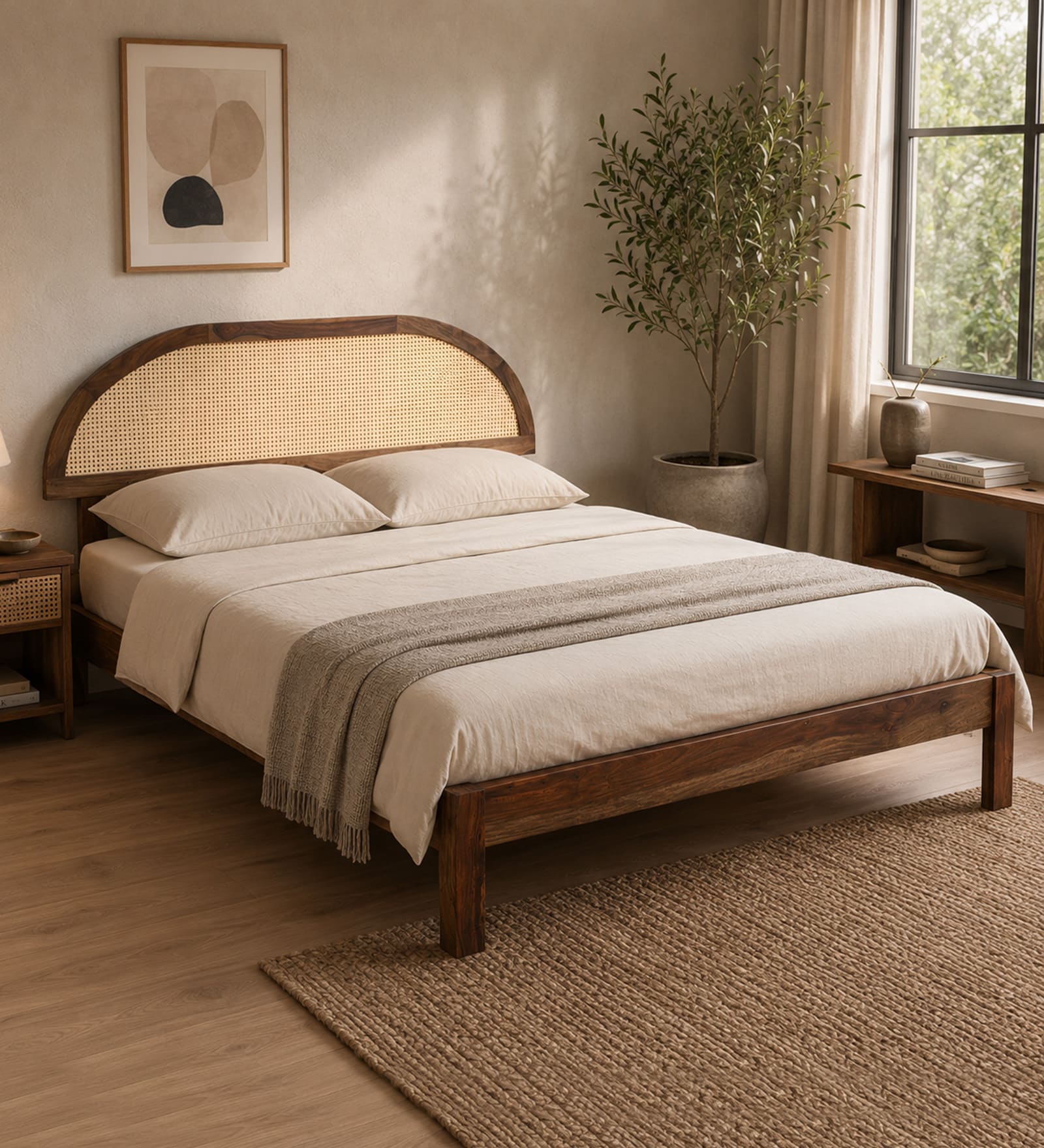 Taki Sheesham Wood Queen Size Bed In Provincial Teak Finish