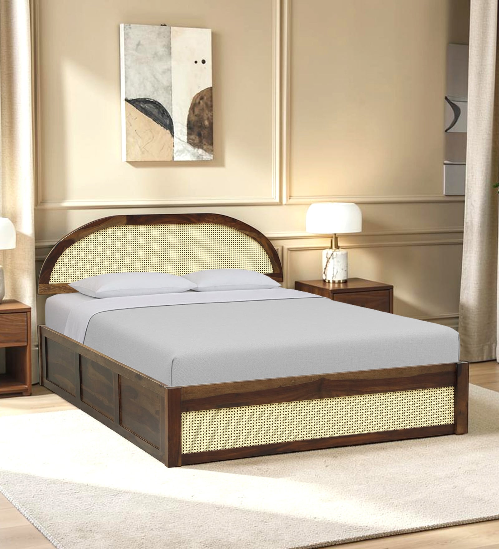 Taki Sheesham Wood Queen Size Bed in Provincial Teak Finish With Box Storage Taki Sheesham Wood Queen Size Bed in Provincial Teak Finish With Box Storage