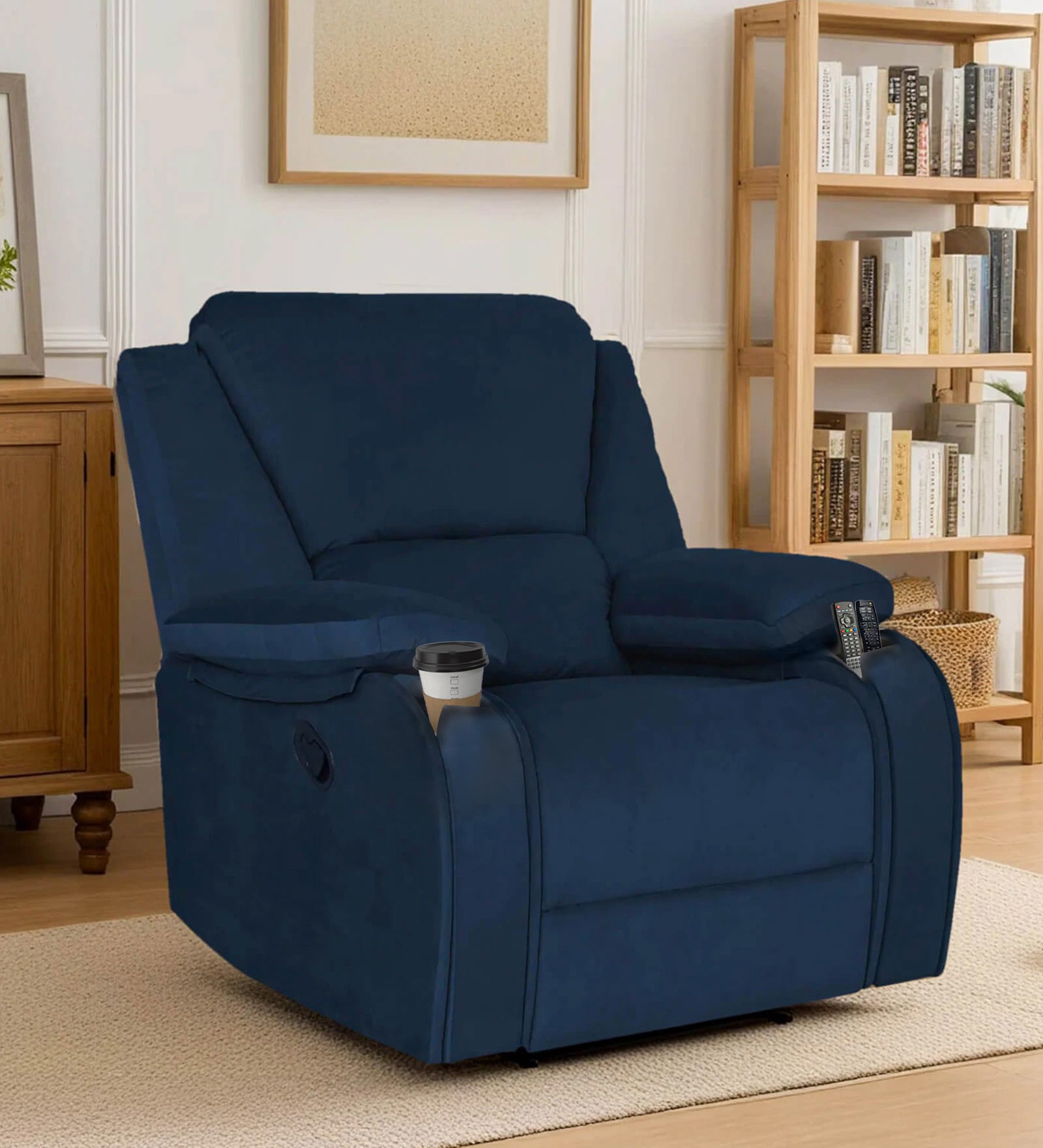 Taki Velvet 1 Seater Manual Recliner In Blue Colour with Hidden Cupholders