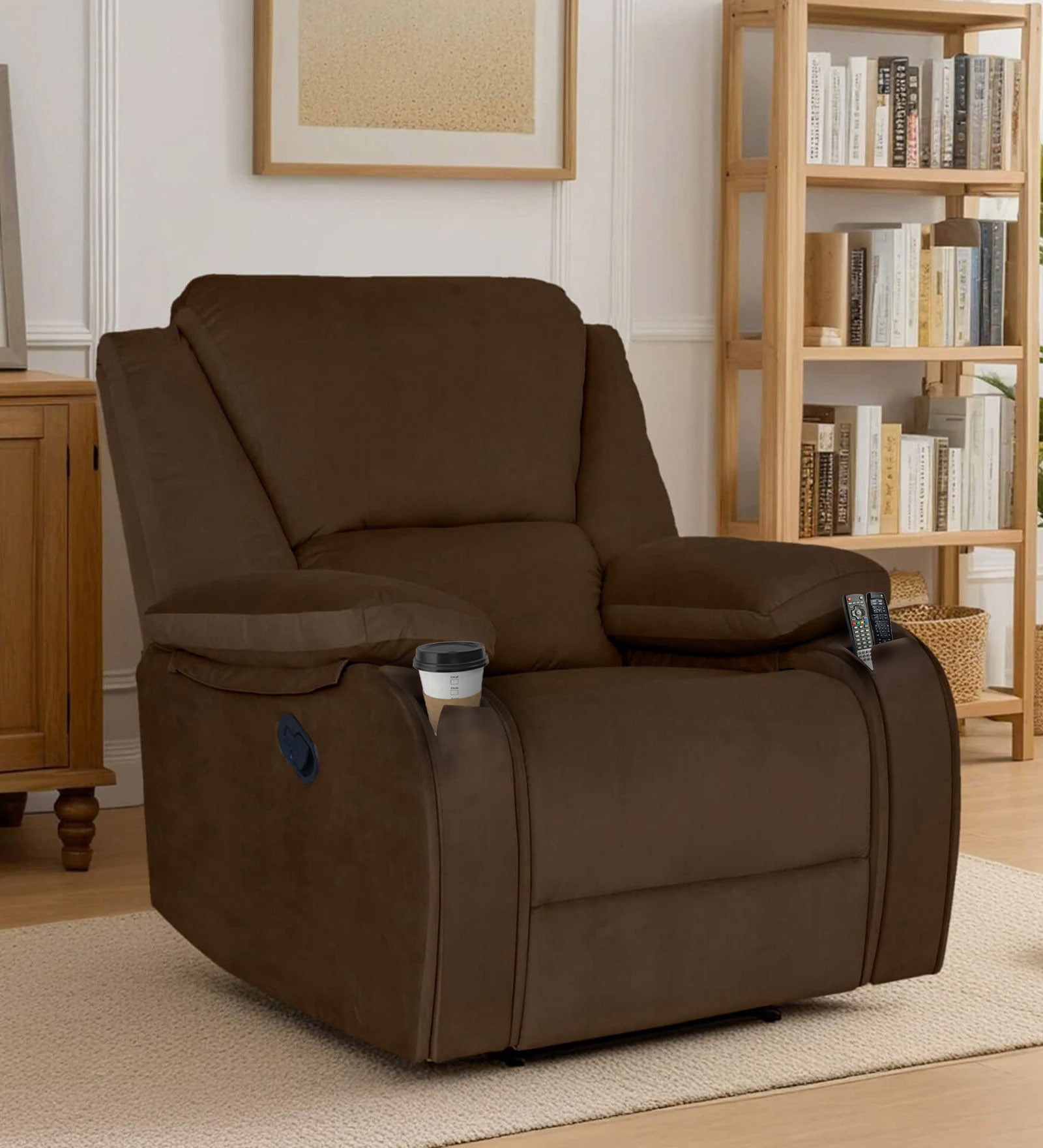 Taki Velvet 1 Seater Manual Recliner in Brown Colour with Hidden Cupholders