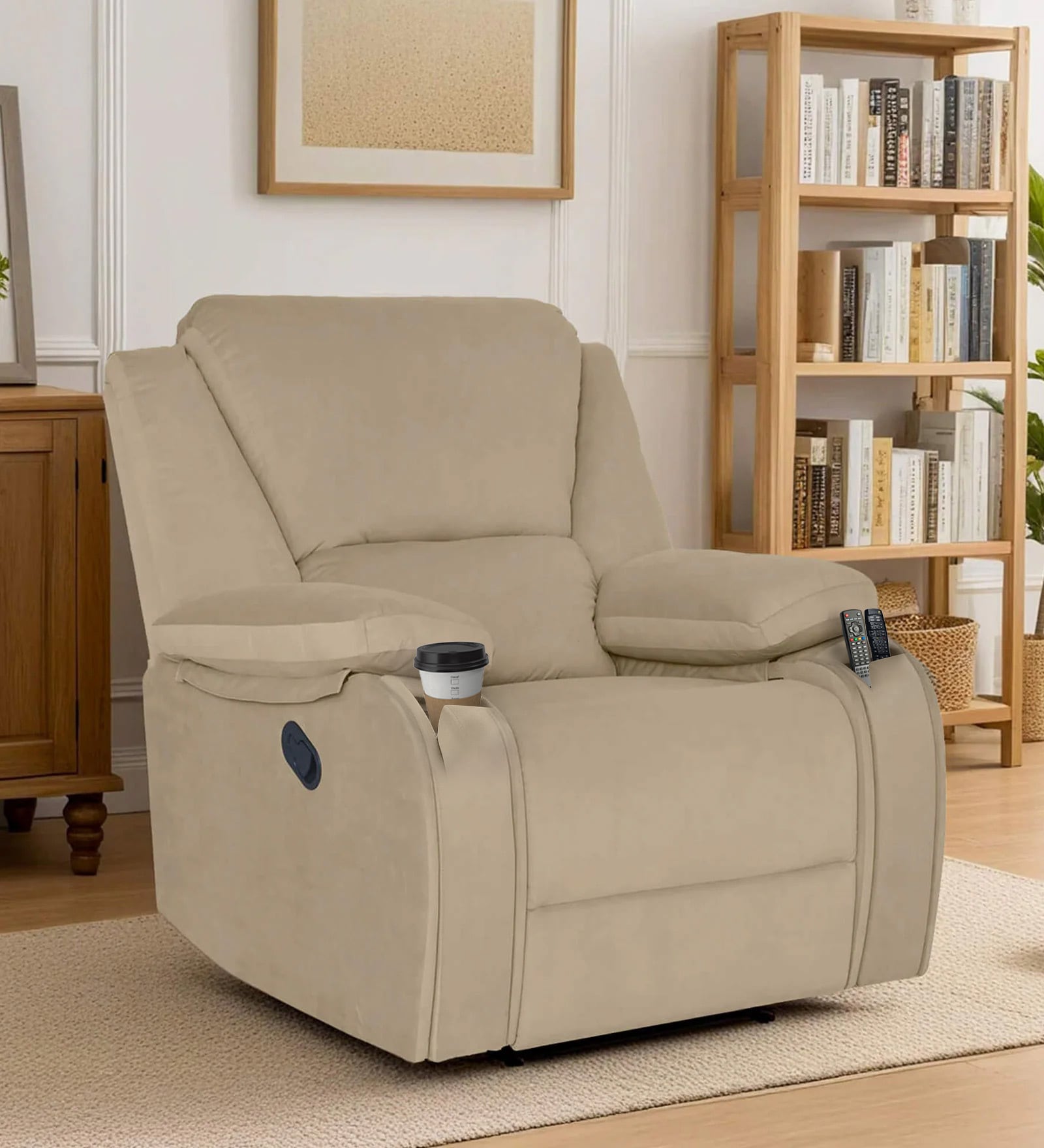 Taki Velvet 1 Seater Manual Recliner in Light Cream Colour with Hidden Cupholders
