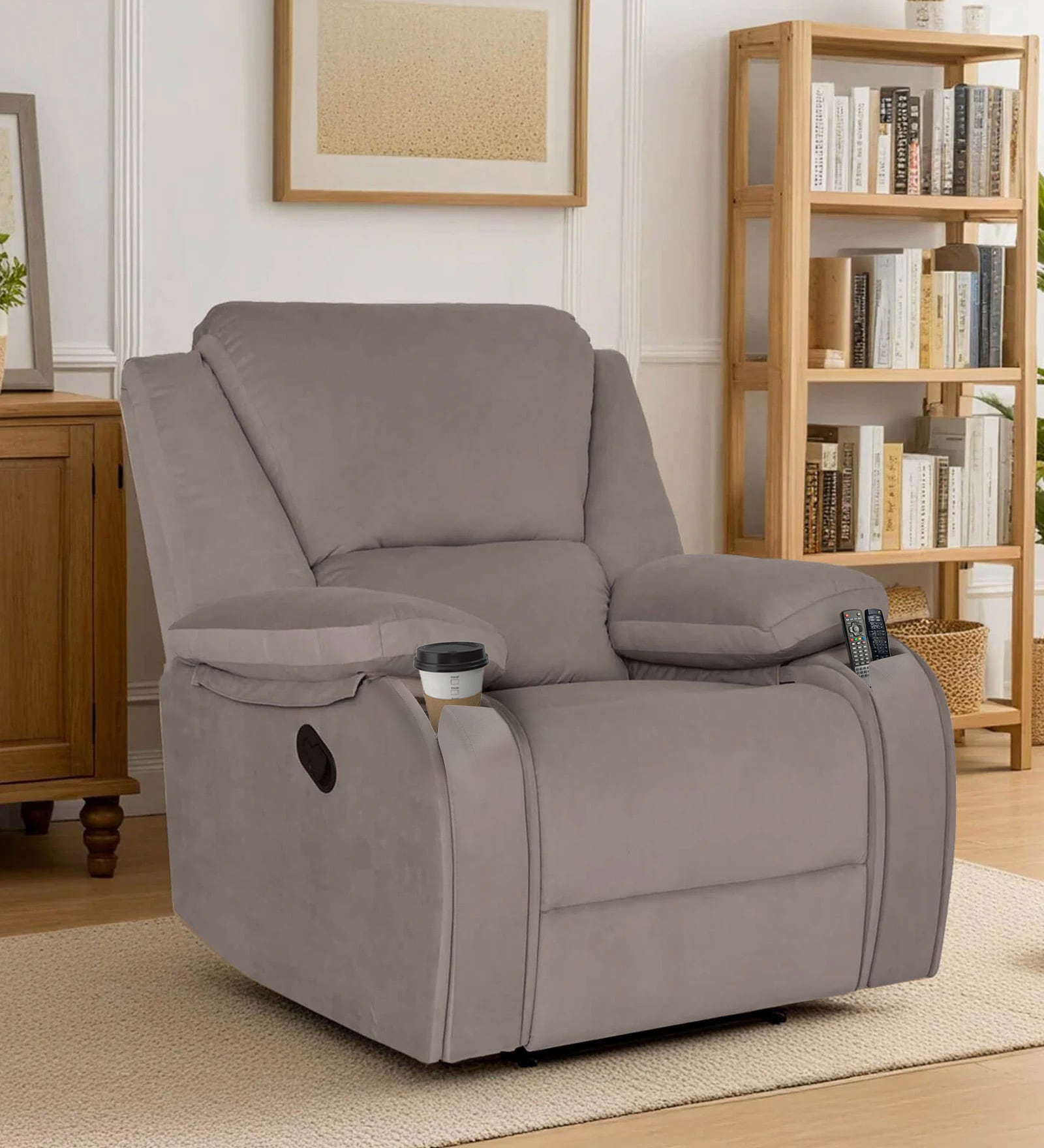 Taki Velvet 1 Seater Manual Recliner in Light Grey Colour with Hidden Cupholders
