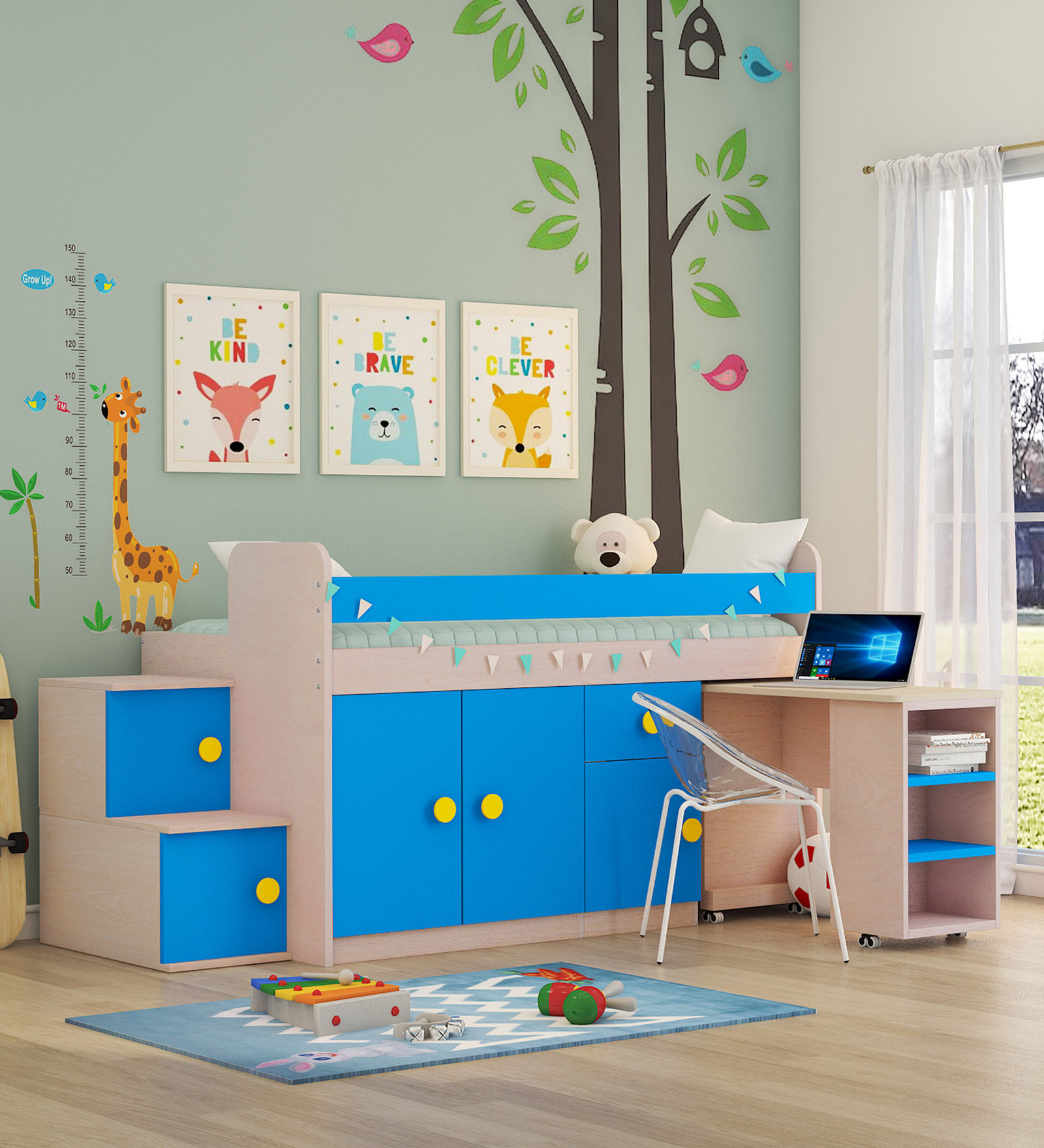 Talisman Stairway Loft Bed with Study Table in Sky Blue