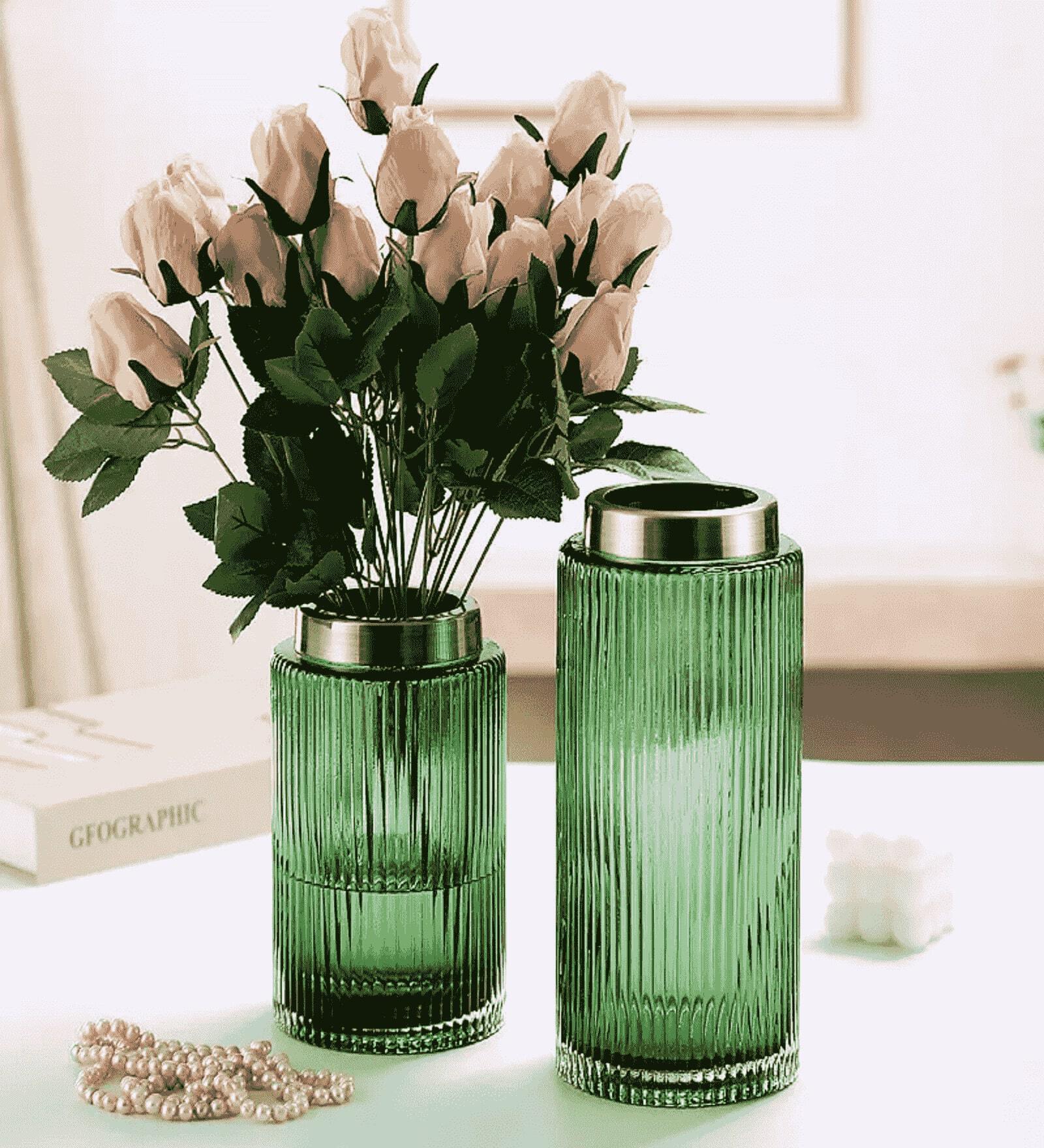 Buy Tall Green Cylindrical Table Vase (Set Of 2) at 27 OFF by Samara