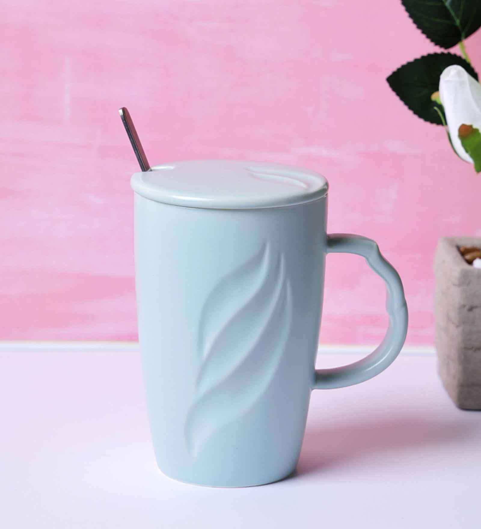 Tall 400ml Pastel Blue Ceramic (Set of 2) Coffee Mug with Lid