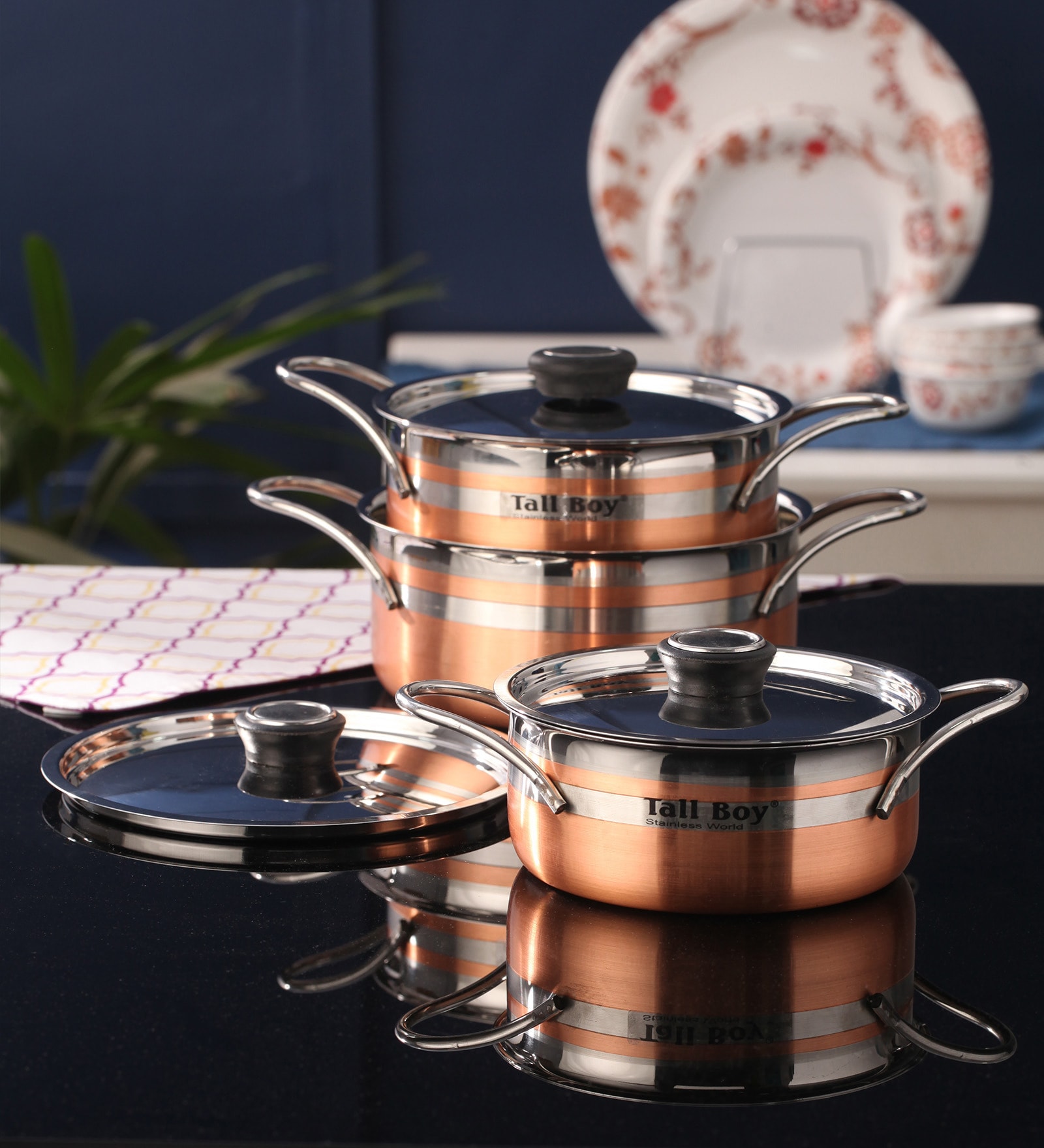 Silver Stainless Steel Cooking Pot with Lid Set of 3