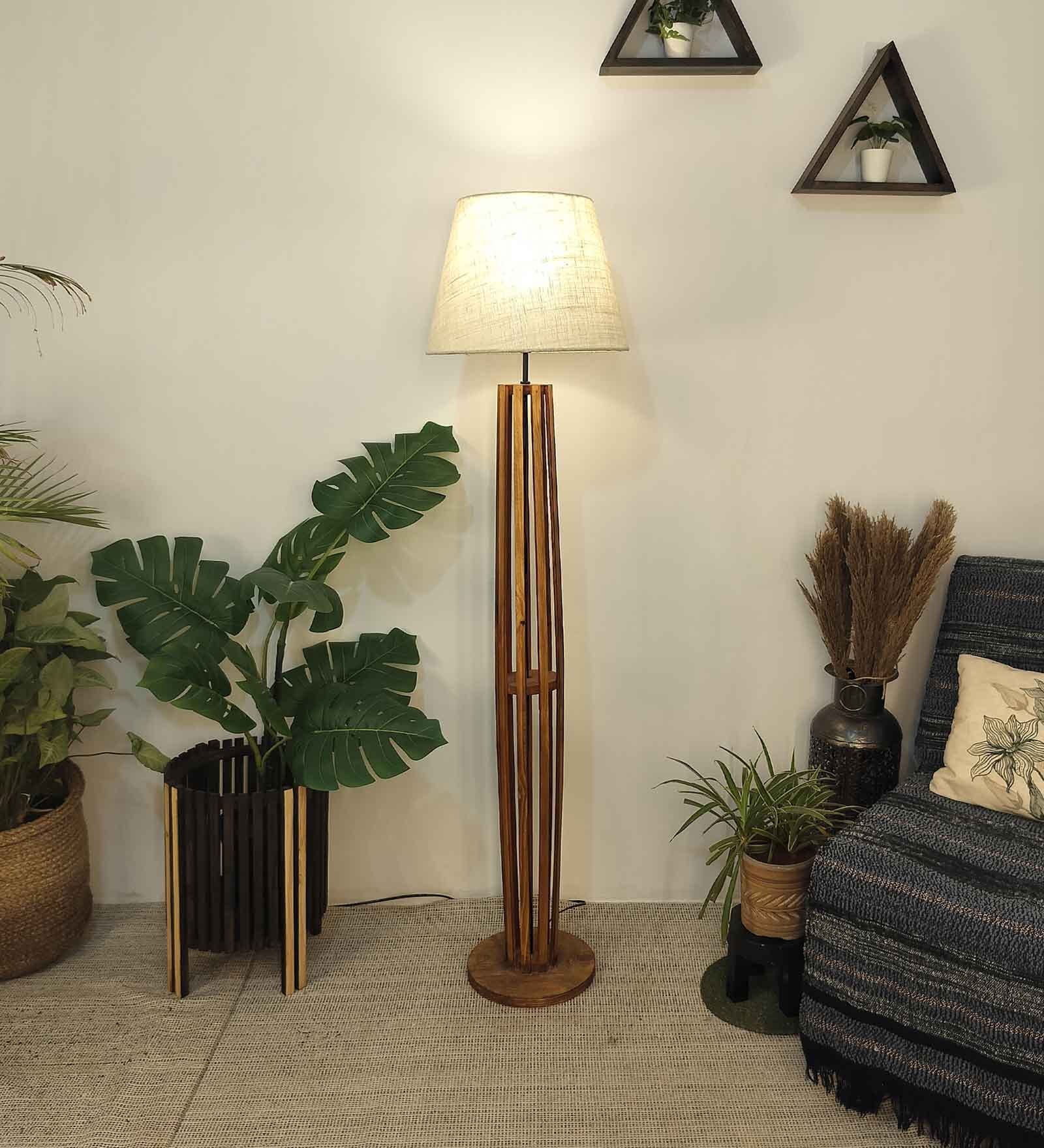 Tallboy Wooden Floor Lamp with Jute Shade & Brown Base