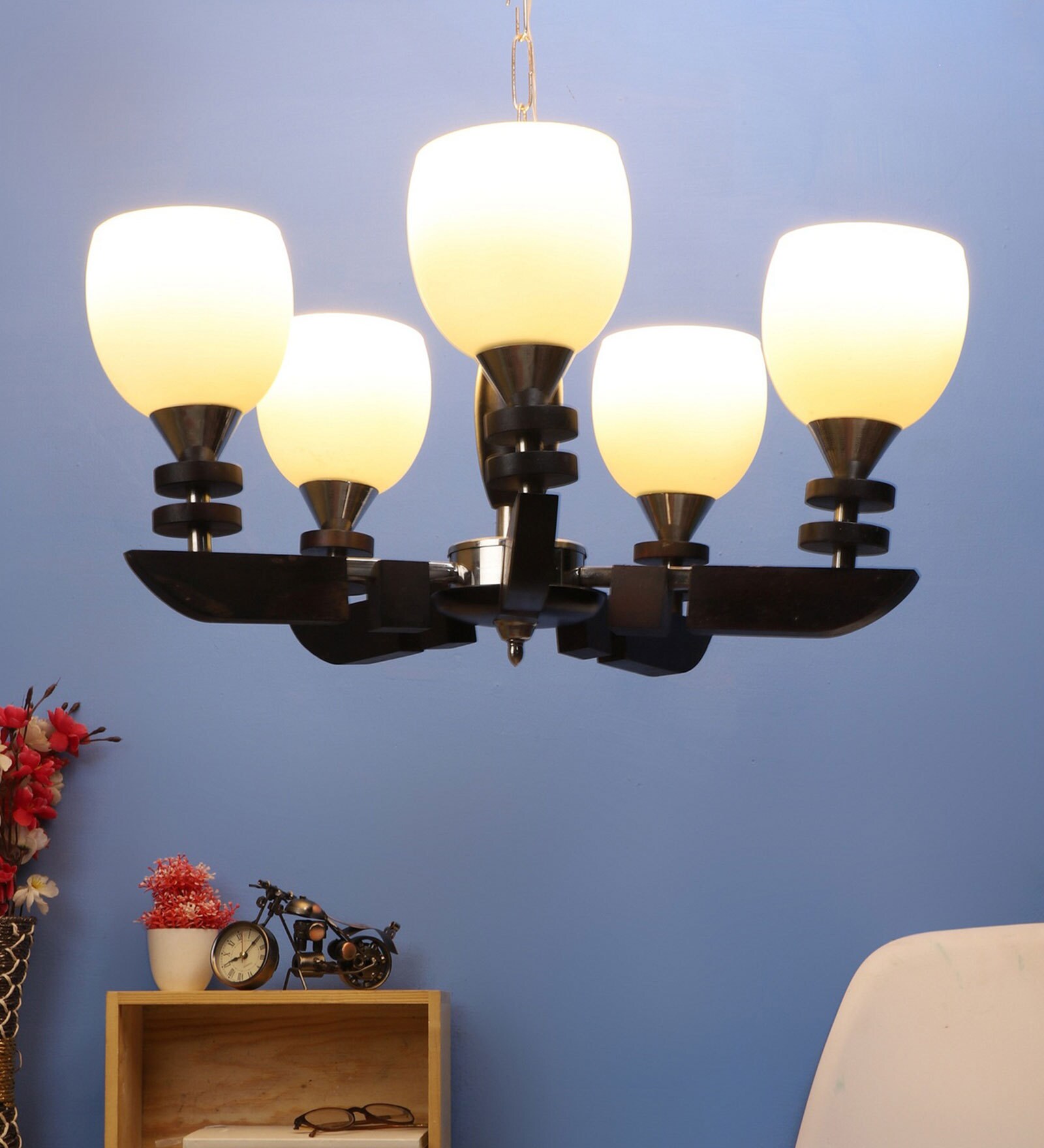 Silver Wood & Metal Shaded Chandelier