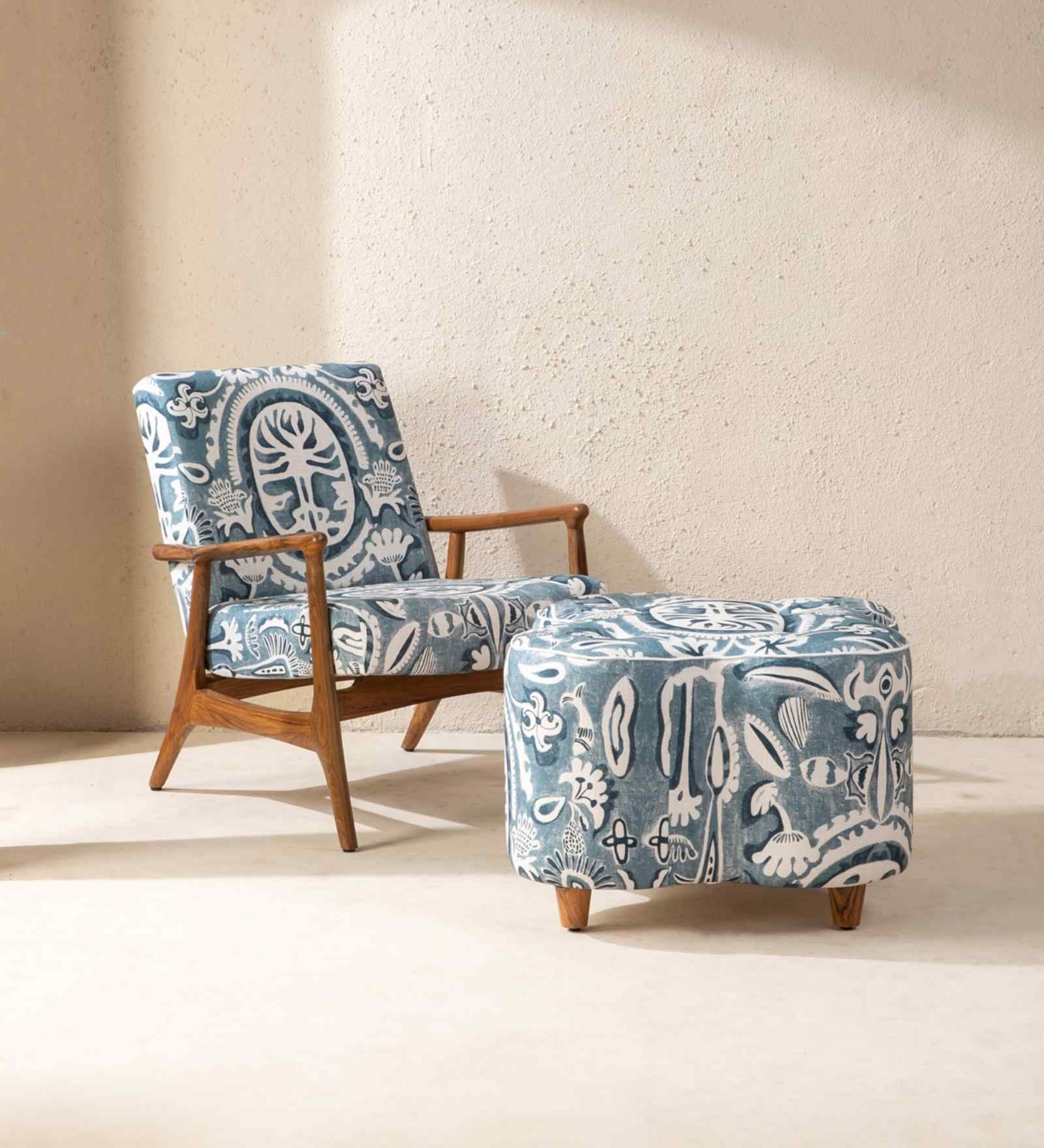 Tamara Acacia Wood Pouffe in Blue Color