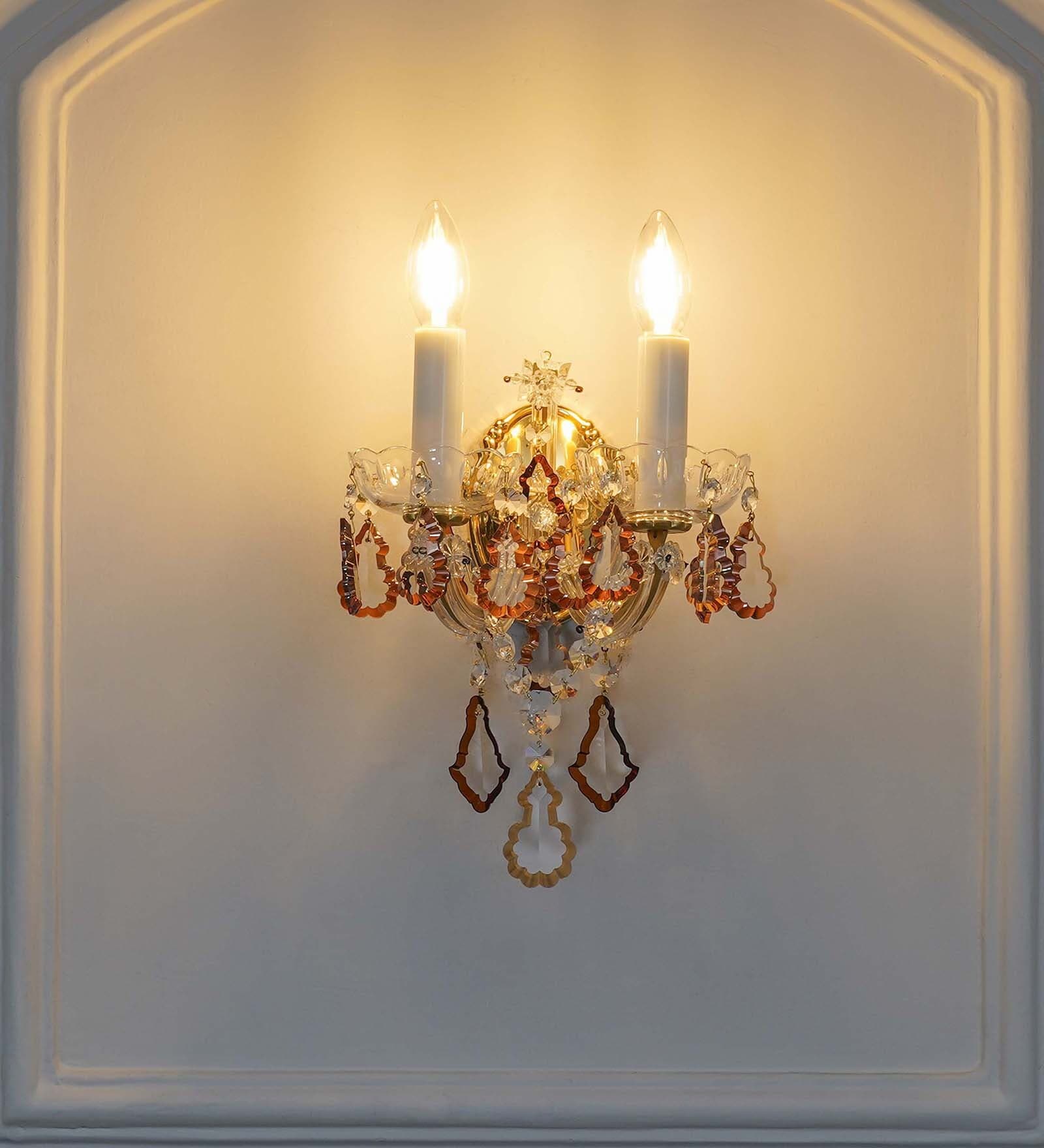 Tamara Double Arm Crystal Wall Light With Honey-Coloured Crystals & Gold Finish Elegant Decorative Wall Lamp For Bedroom, Living Room & Interiors (E14 Compatible)