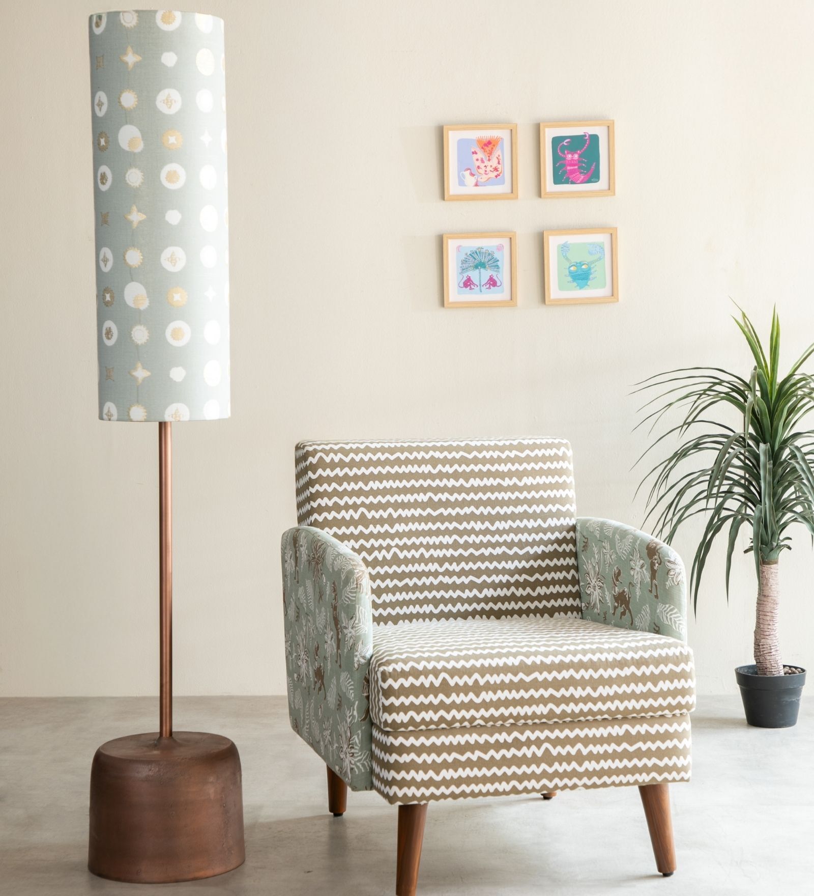 Tamara Handcrafted Gold Aluminium Floor Lamp with Printed Fabric Shade in Grey Color