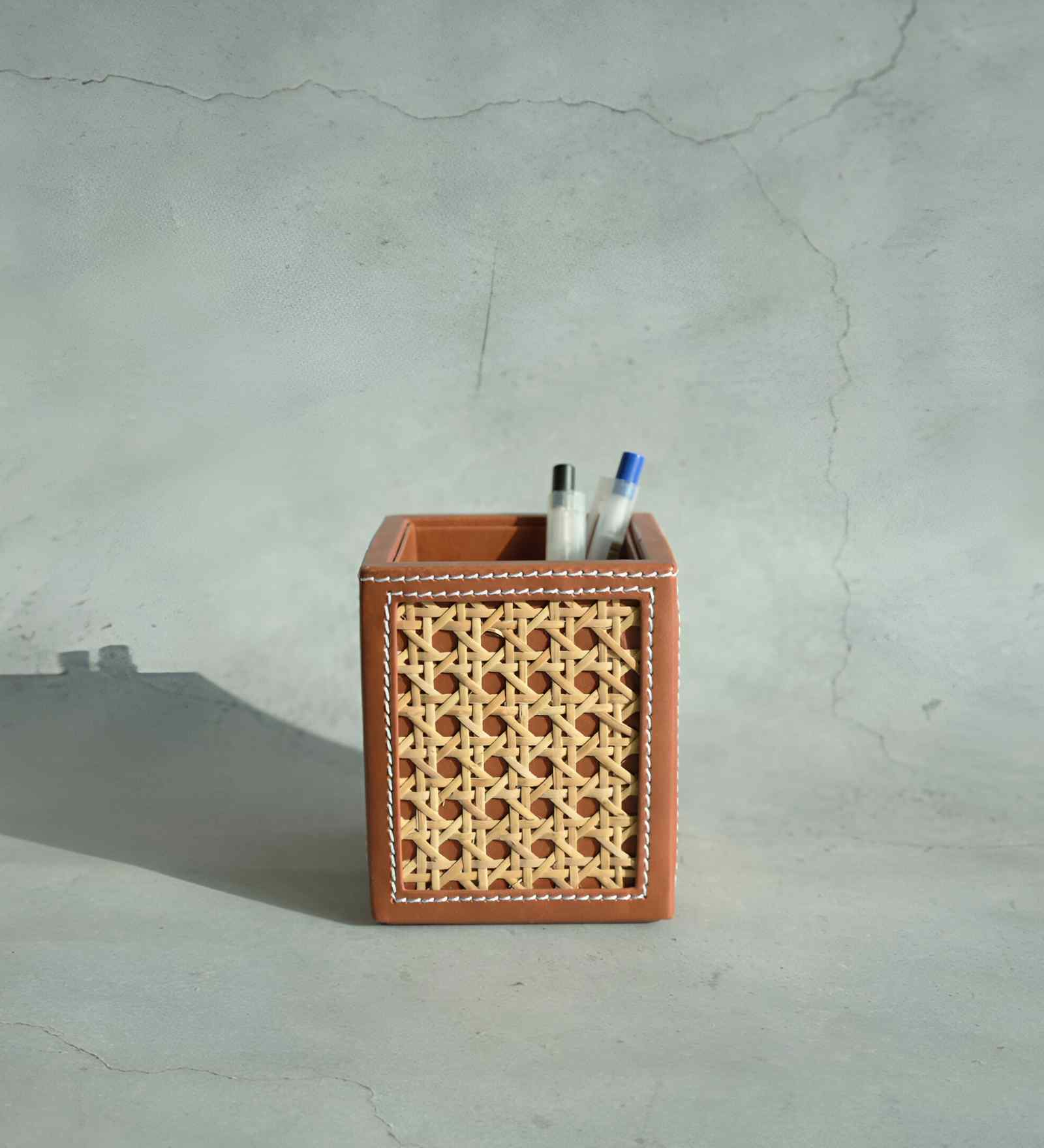 Tan Brown PU Leather and Natural Rattan Desk Organizer Stationery Holder