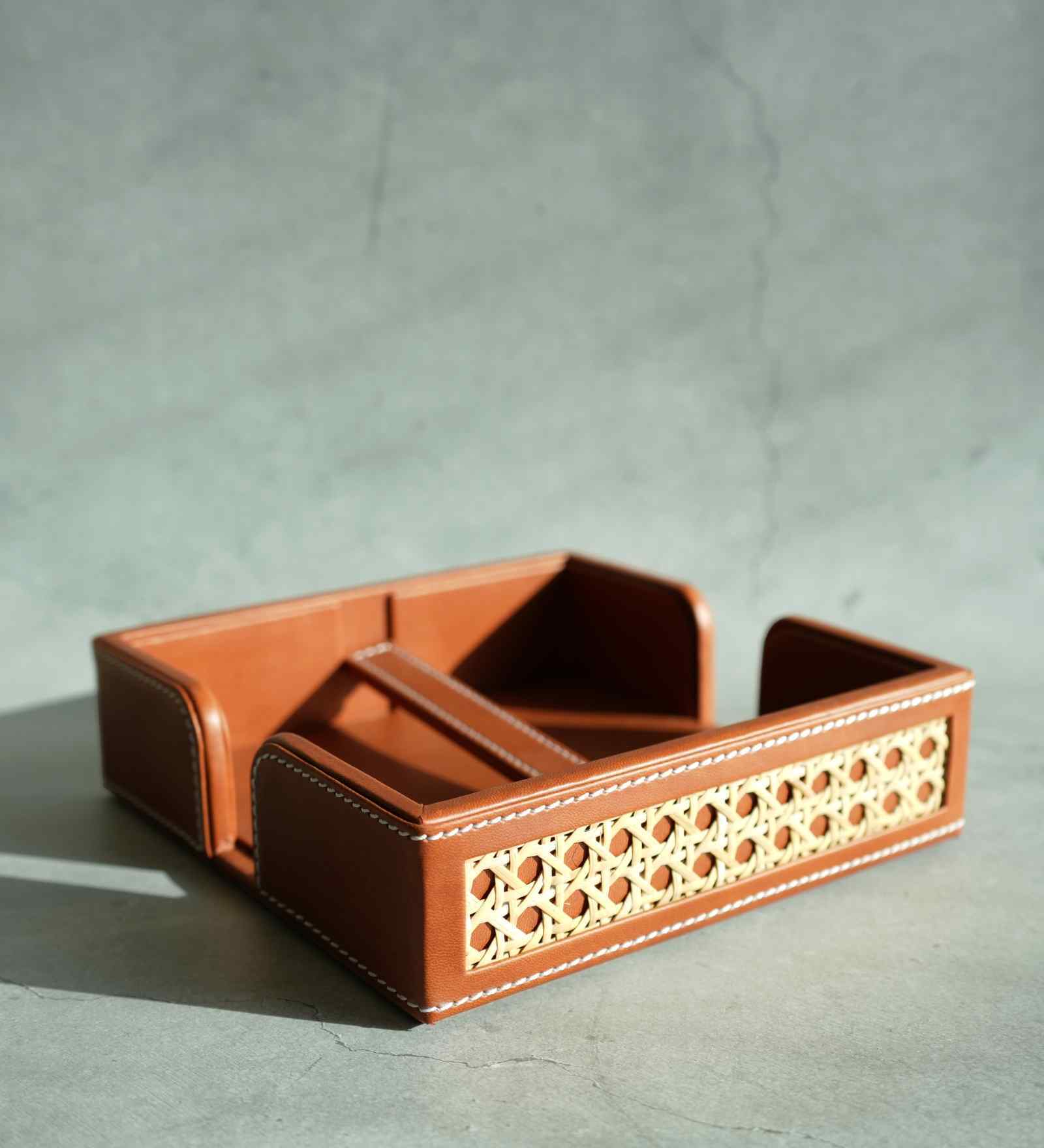 Tan Brown PU Leather and Natural Rattan Tissue Holder with Weighted Bar Design