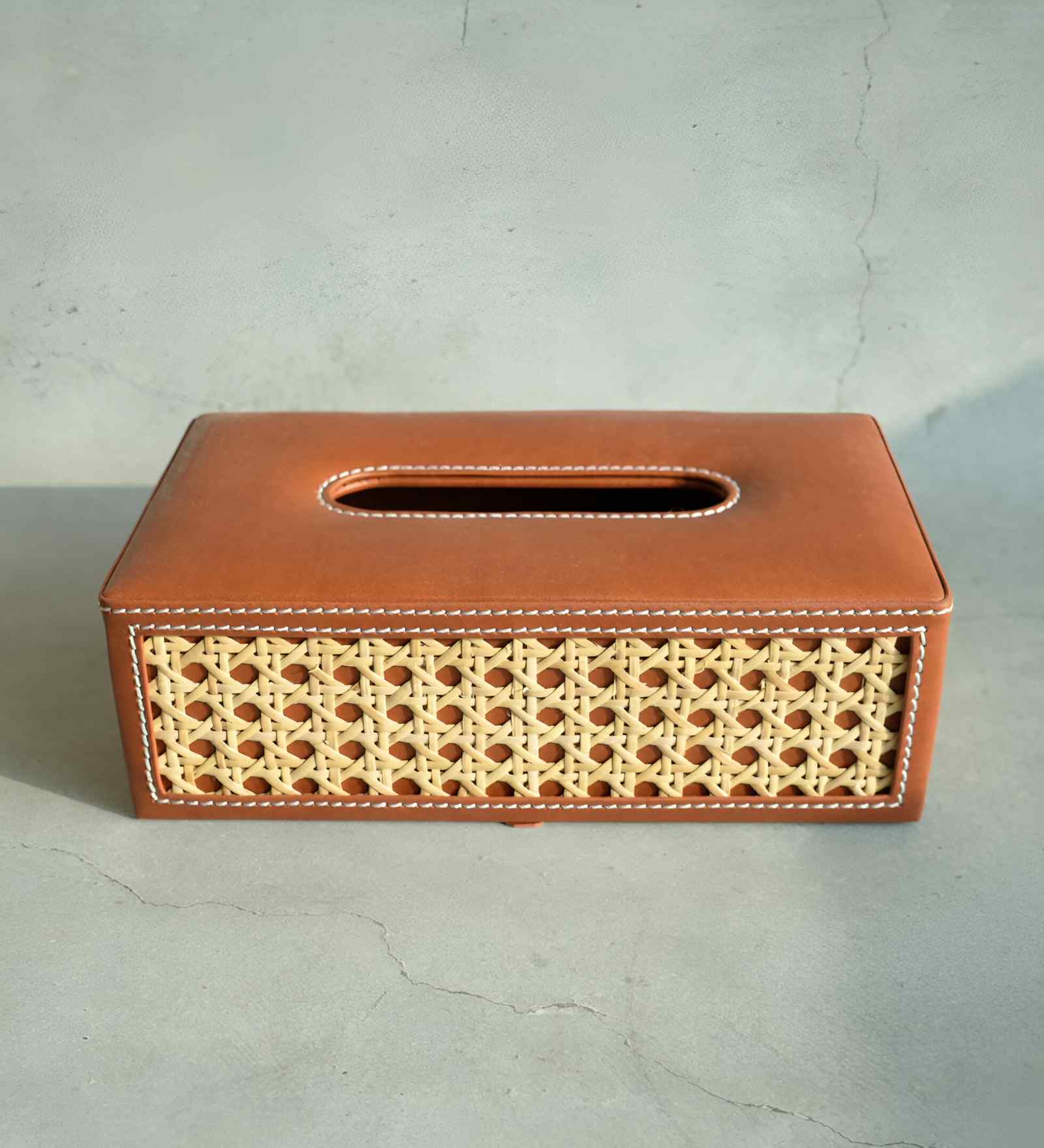 Tan Brown Rectangular PU Leather and Natural Rattan Tissue Box Holder
