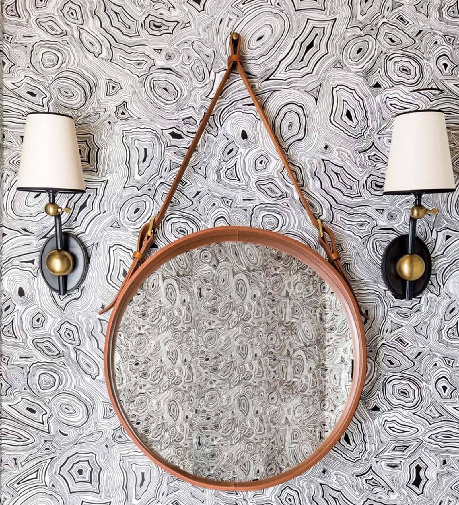 18 Inch Tan Leather Round Hanging Mirror with Belt