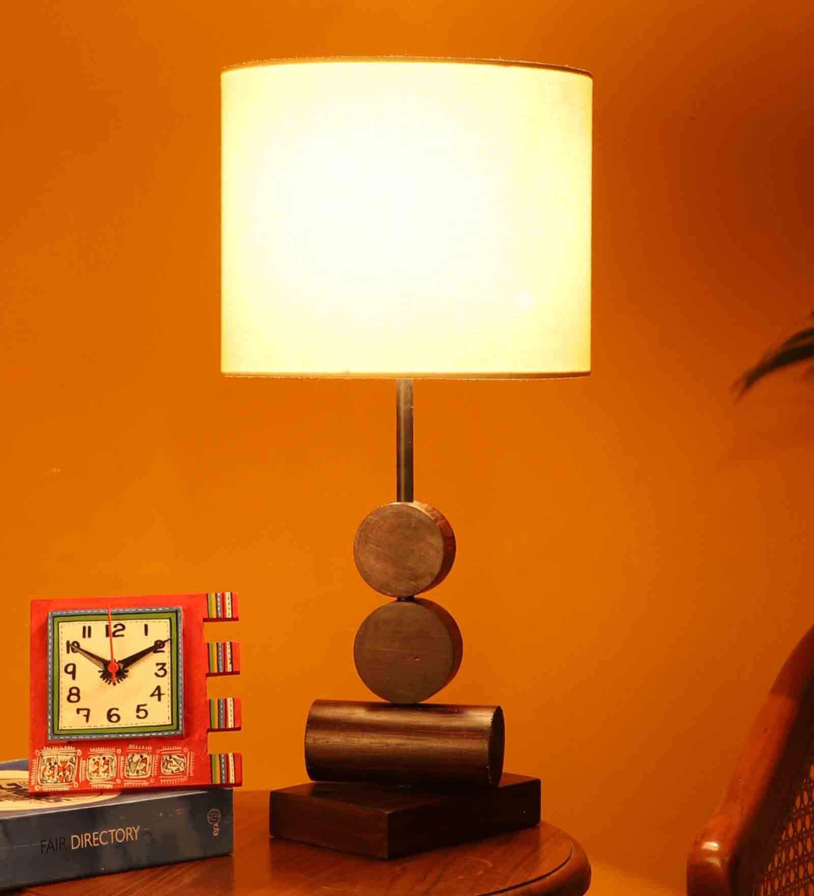 Tao I Wooden Table Lamp with Shallow Drum Shade-Height