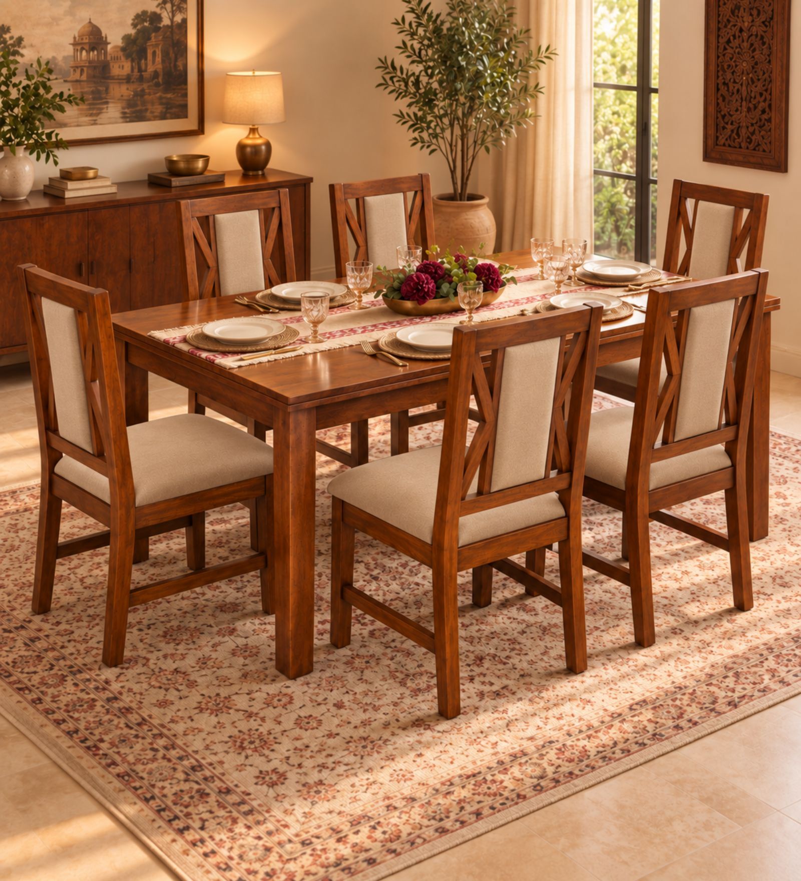 Tarang 6 Seater Dining Set In Provincial Teak Finish With Beige Colour Chair Tarang 6 Seater Dining Set In Provincial Teak Finish With Beige Colour Chair