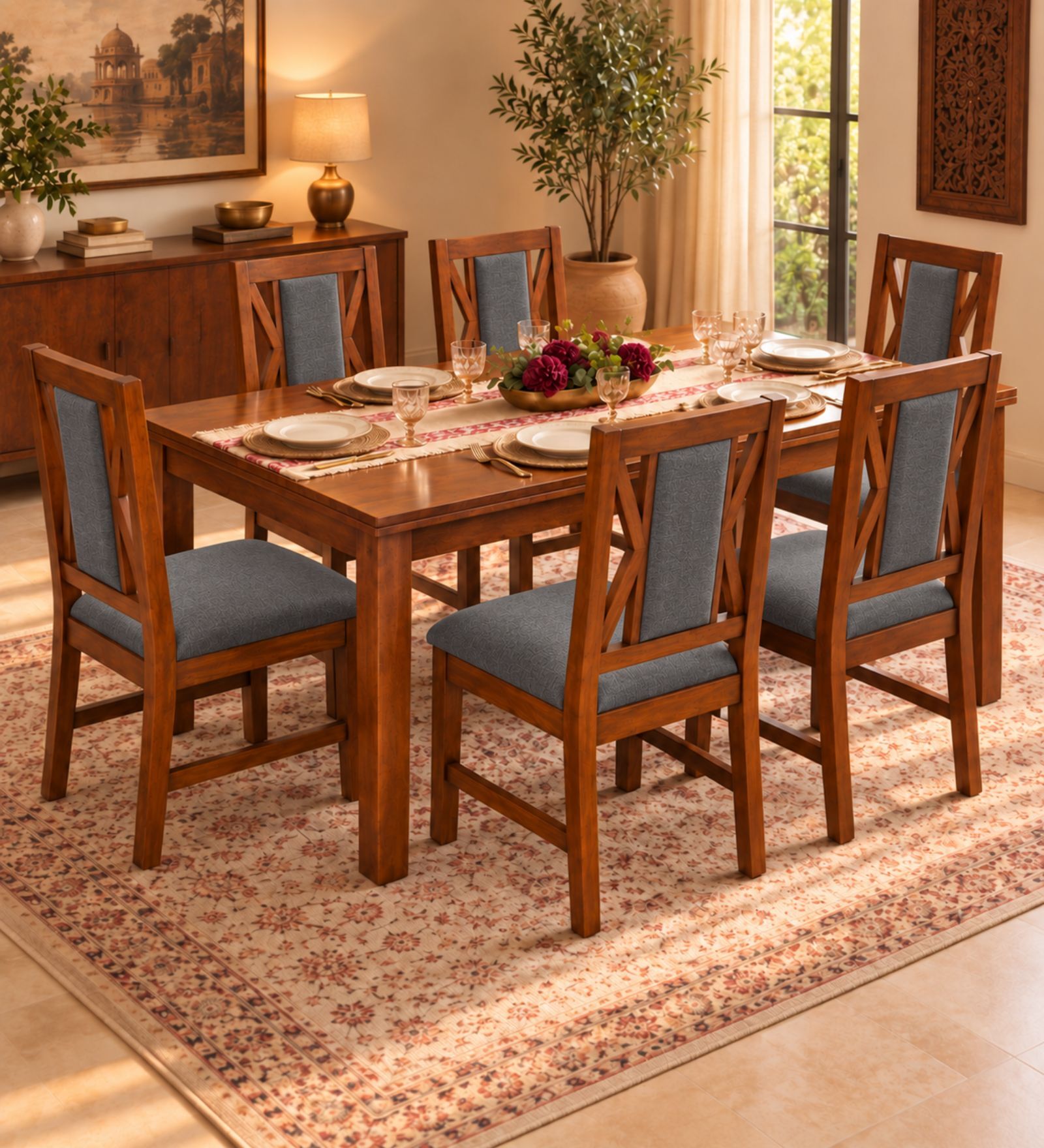 Tarang 6 Seater Dining Set In Provincial Teak Finish With Grey Colour Chair Tarang 6 Seater Dining Set In Provincial Teak Finish With Grey Colour Chair