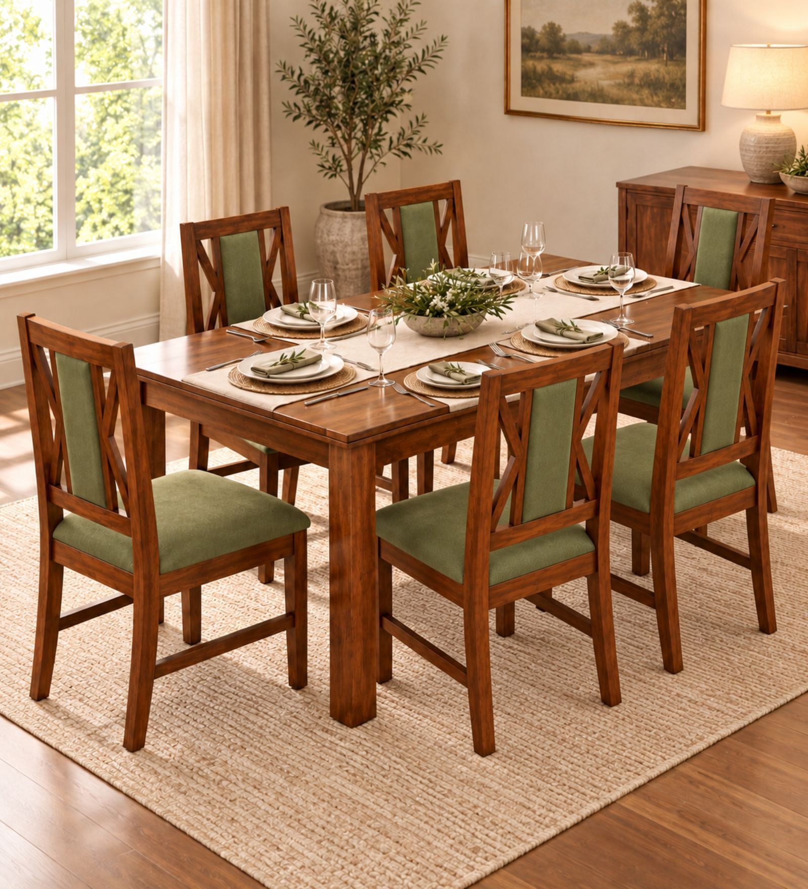 Tarang 6 Seater Dining Set In Provincial Teak Finish With Olive Green Colour Chair Tarang 6 Seater Dining Set In Provincial Teak Finish With Olive Green Colour Chair