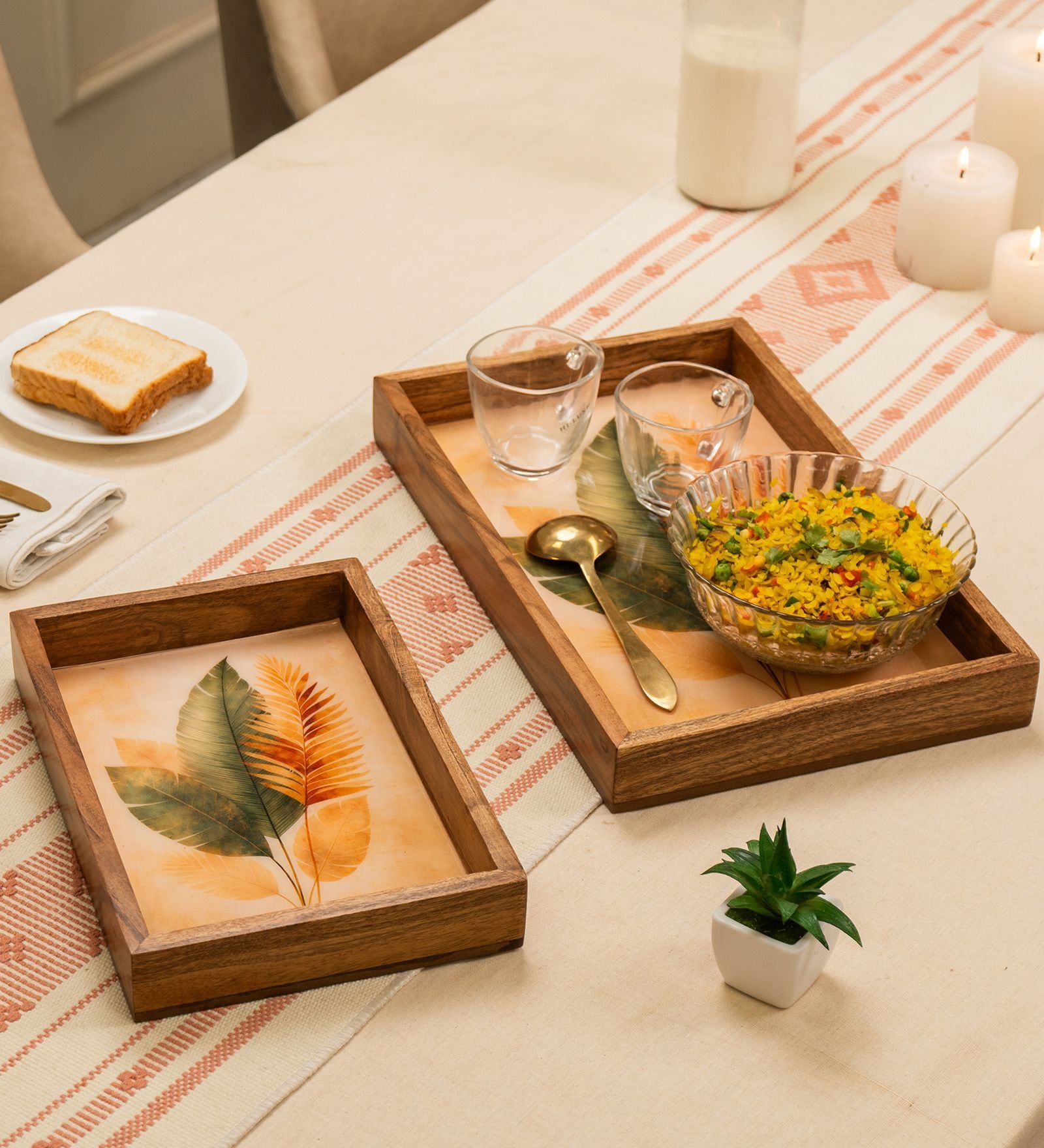 Set of 2 Taruni Serving Tray Set Acacia Wood Trays with Raised Edges