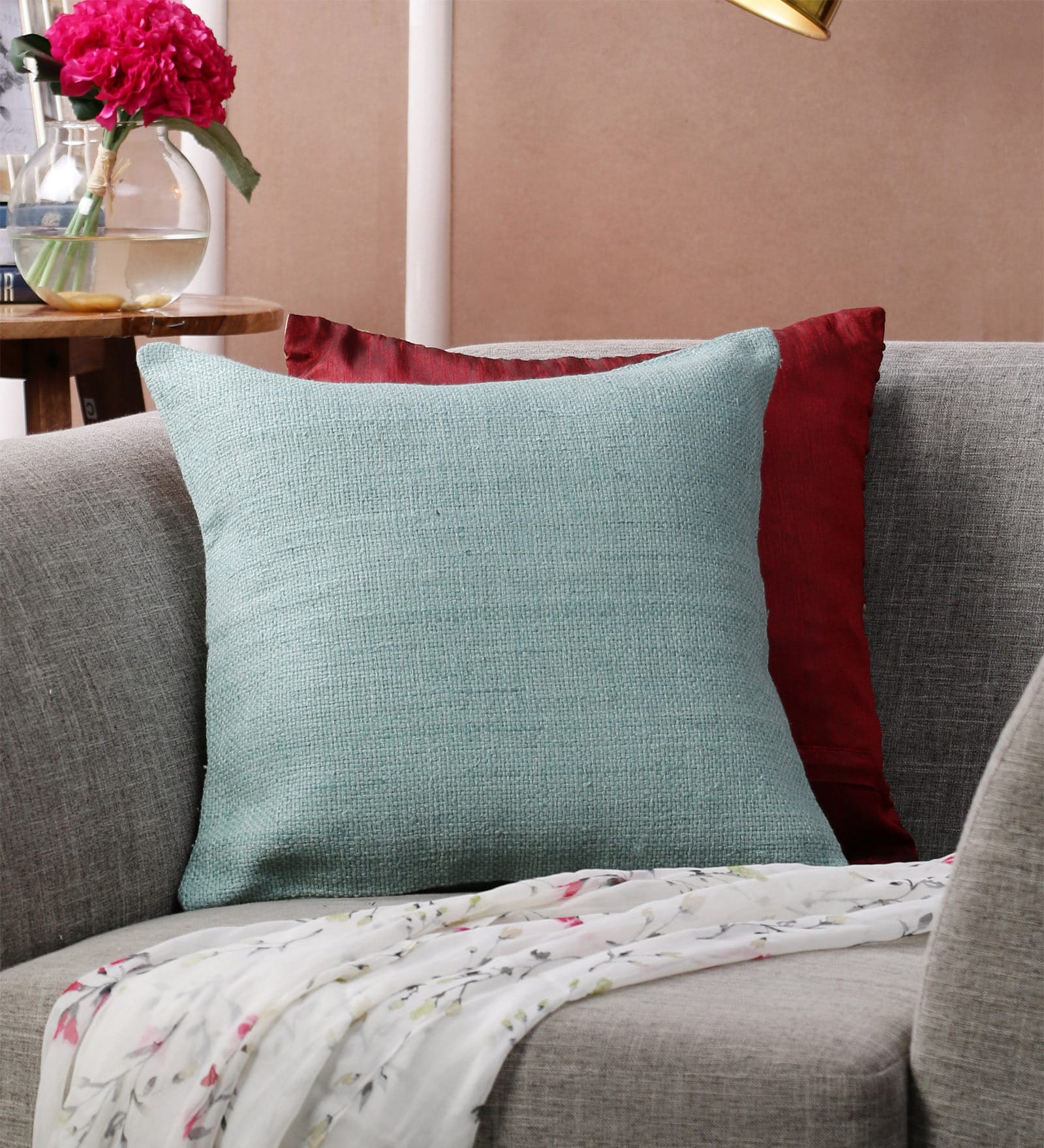 Tasar Turquoise Pure Silk 16 x 16 Inch Coconut Buttoned Cushion Cover