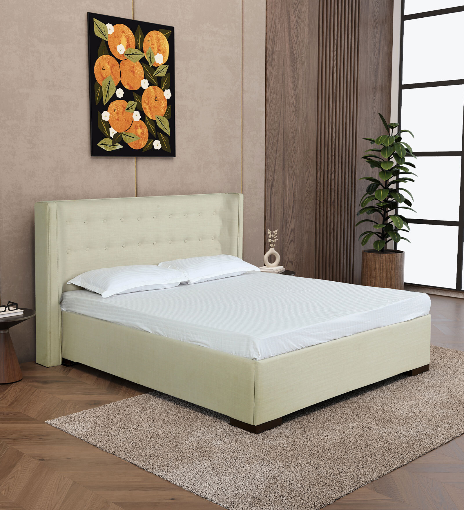 Buy Tasha Fabric Upholstered Queen Size Bed in Beige Colour at 26% OFF ...