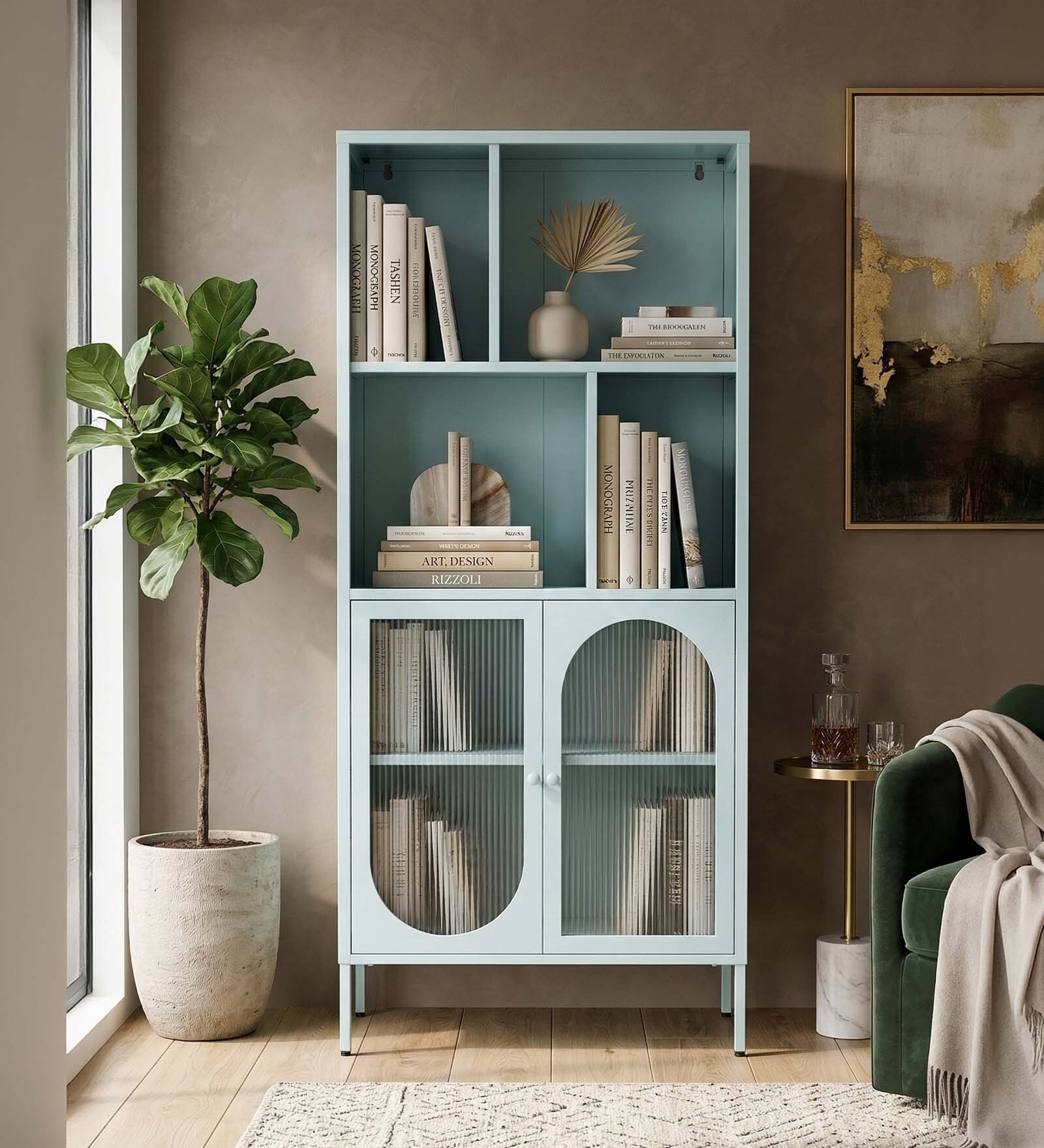 Tatva Multi-Purpose Metal Bookshelf with Open Display Shelves Fluted Glass Door Storage and Metal Frame