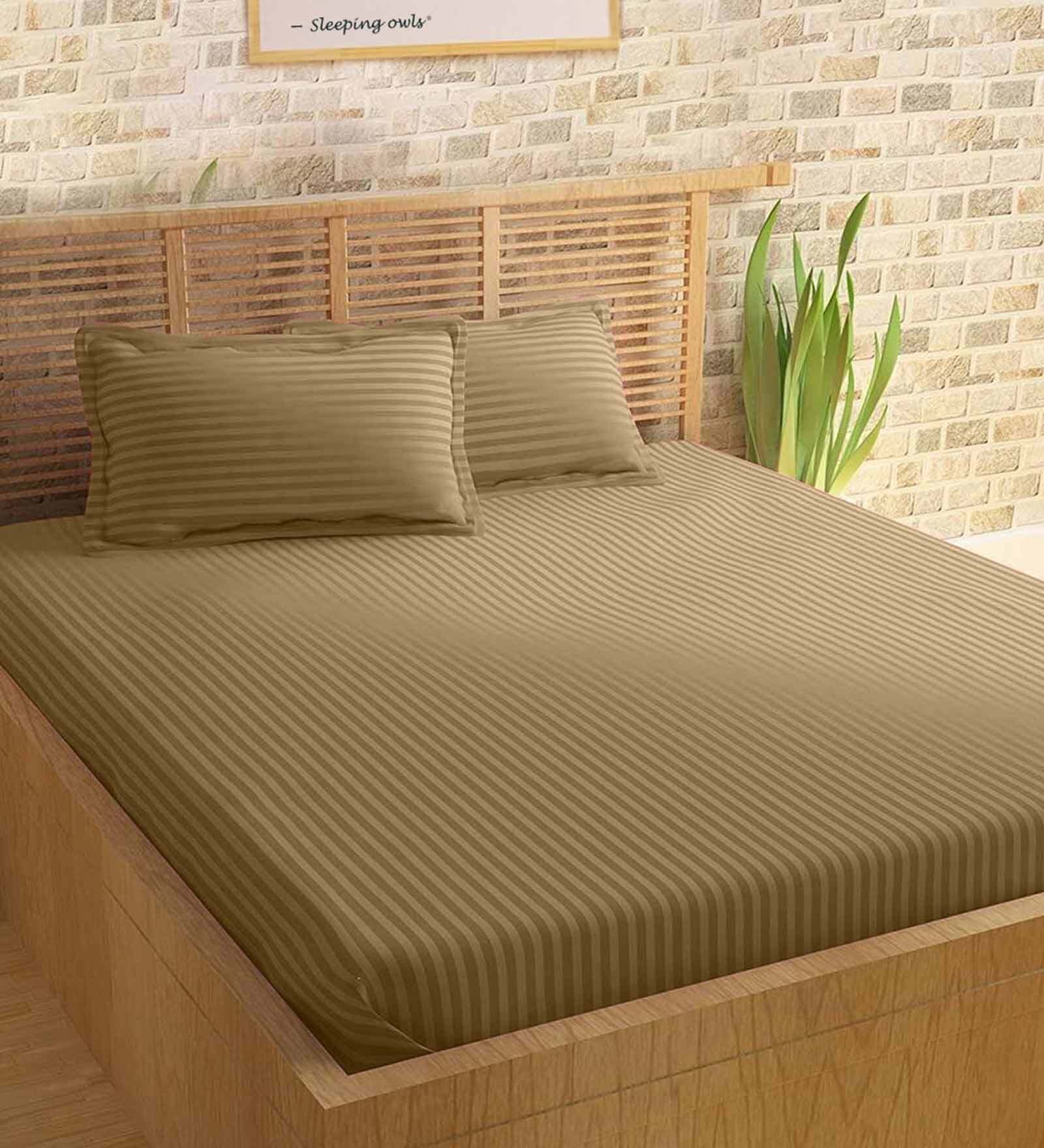 Taupe Striped 210 TC 100% Cotton King Sized Bed Sheets with 2 Pillow Covers