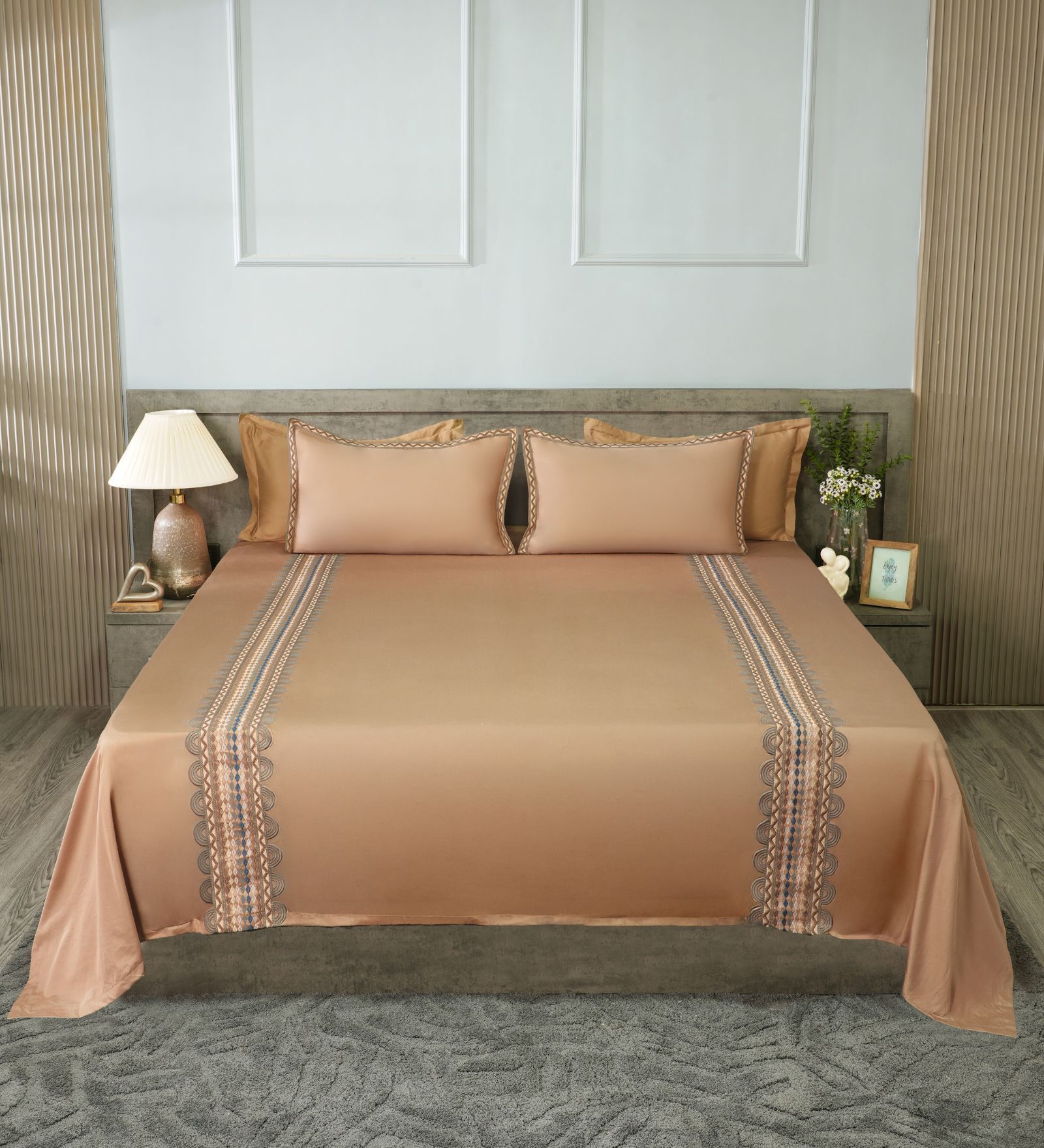 Taupe Mist 300TC 100% Cotton Solids Flat Embroidered Super King Bedsheet With 2 Pillow Covers