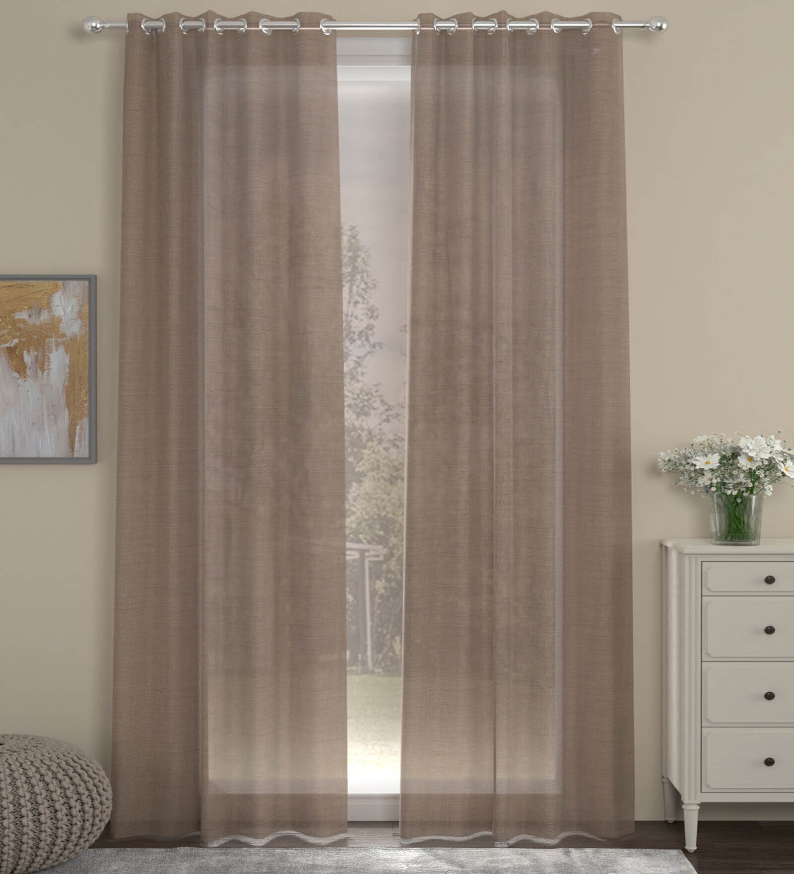 Taupe Polyester Solids 7ft Sheer Eyelet (2 Pc) Door Curtains