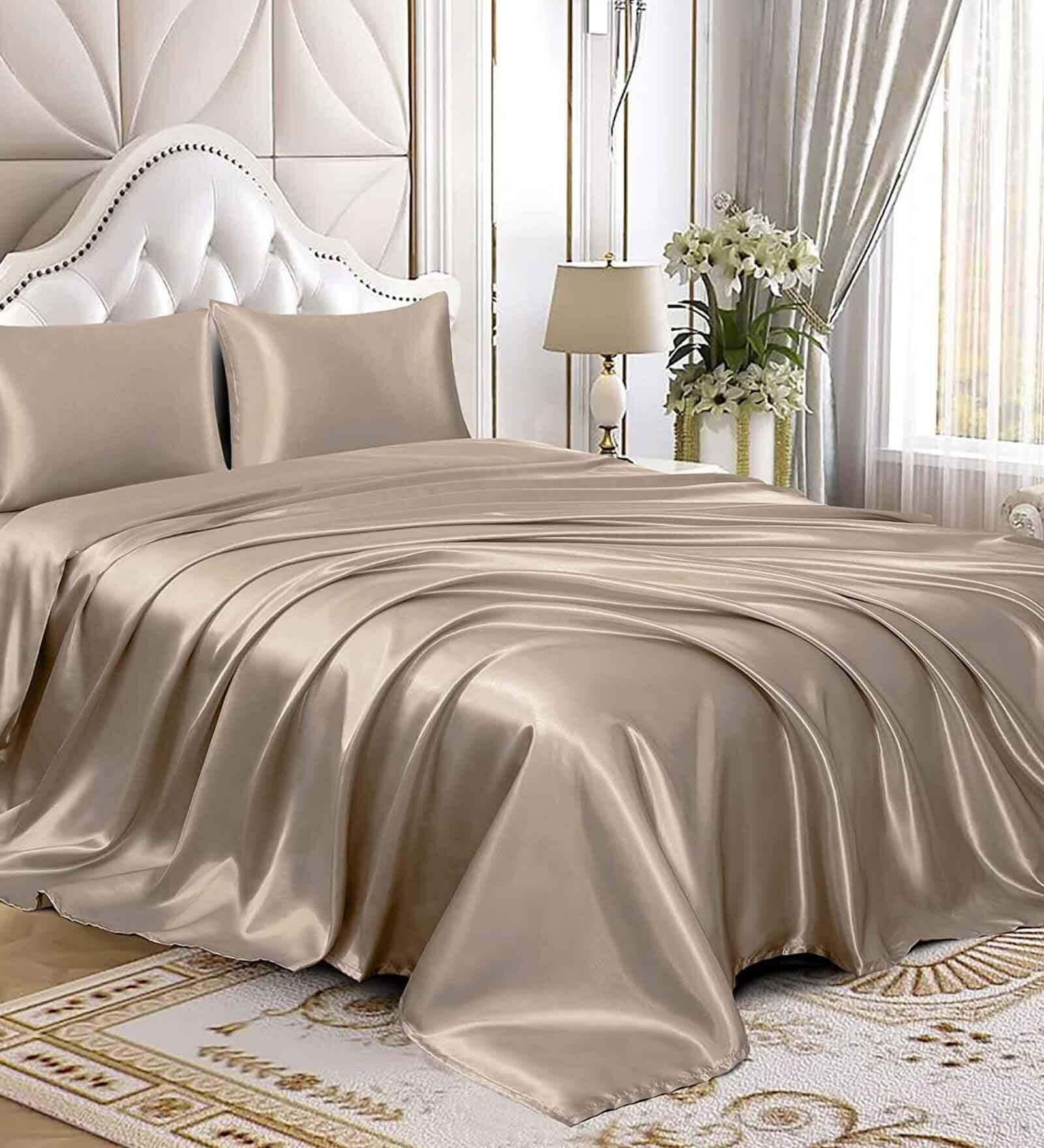 Taupe Solid 400 TC Satin Single Fitted Bedsheet with 2 Satin Pillow covers