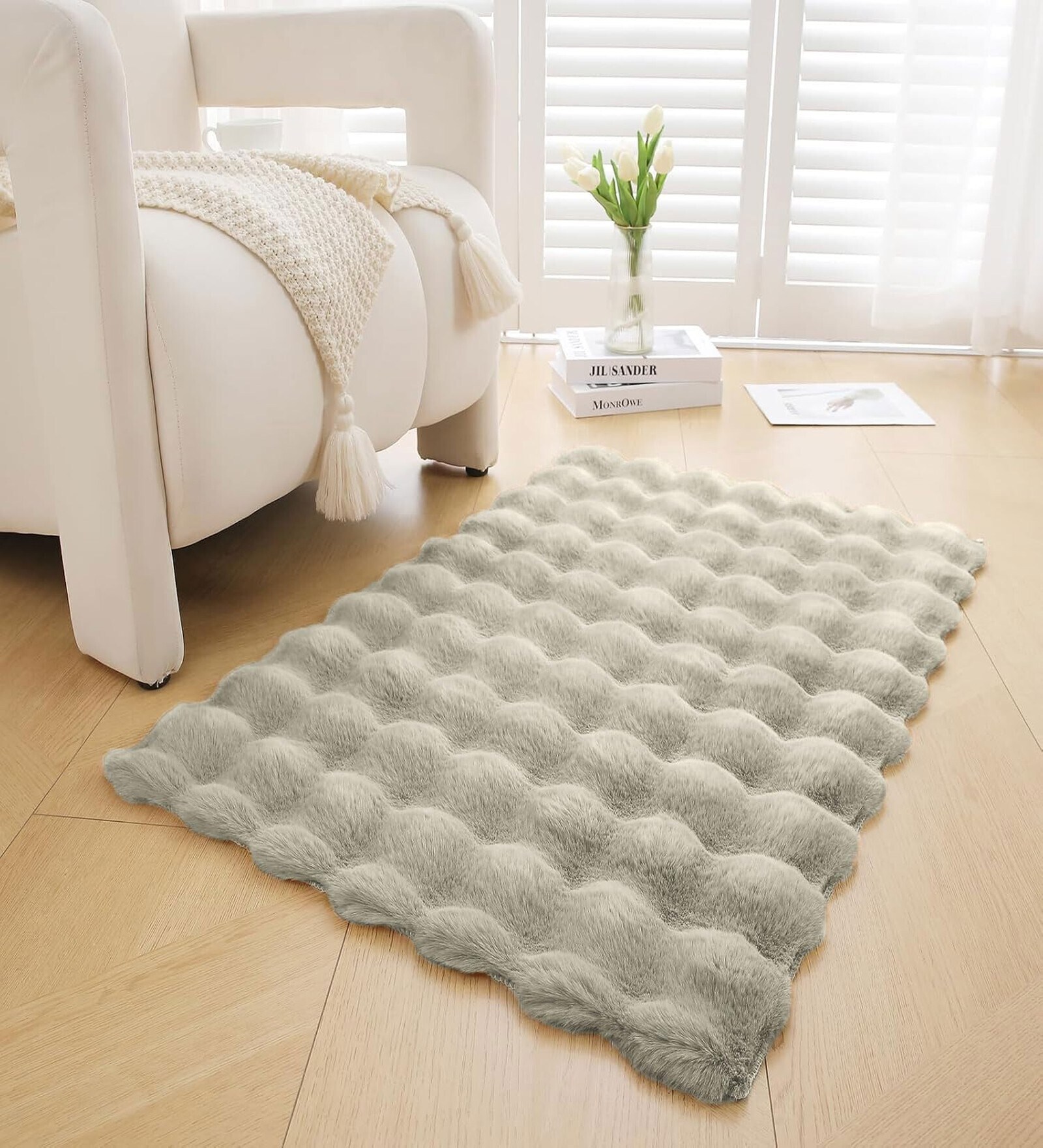 Taupe Solid Polyester 3 X 5 Feet Bubble Fur Machine Made Carpet