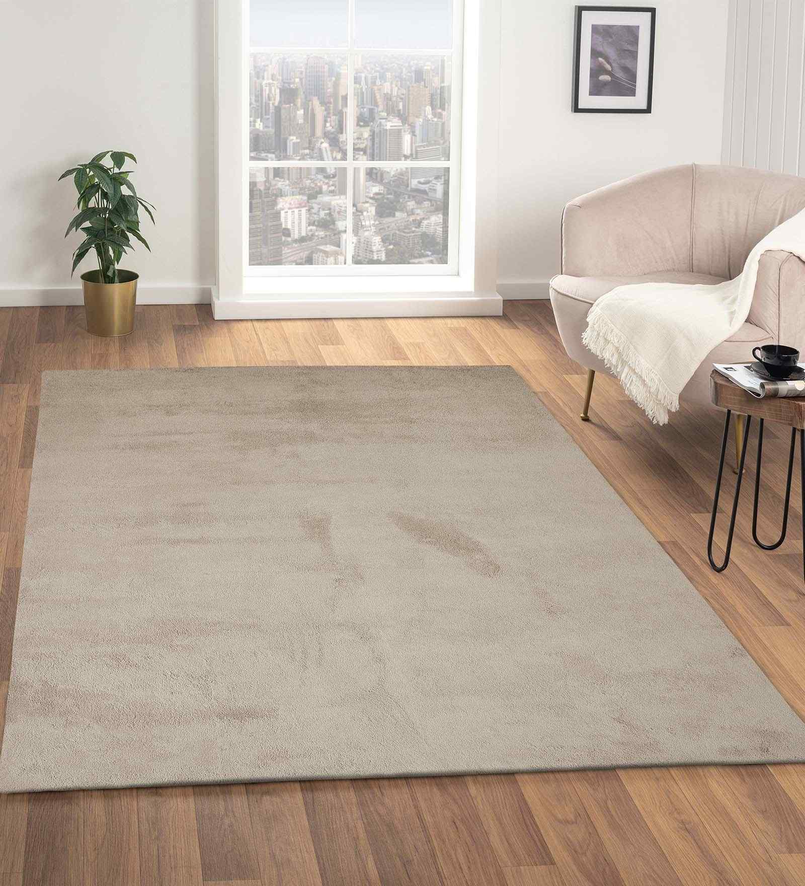 Taupe Solid Polyester 4x6 Feet Machine Made Carpet