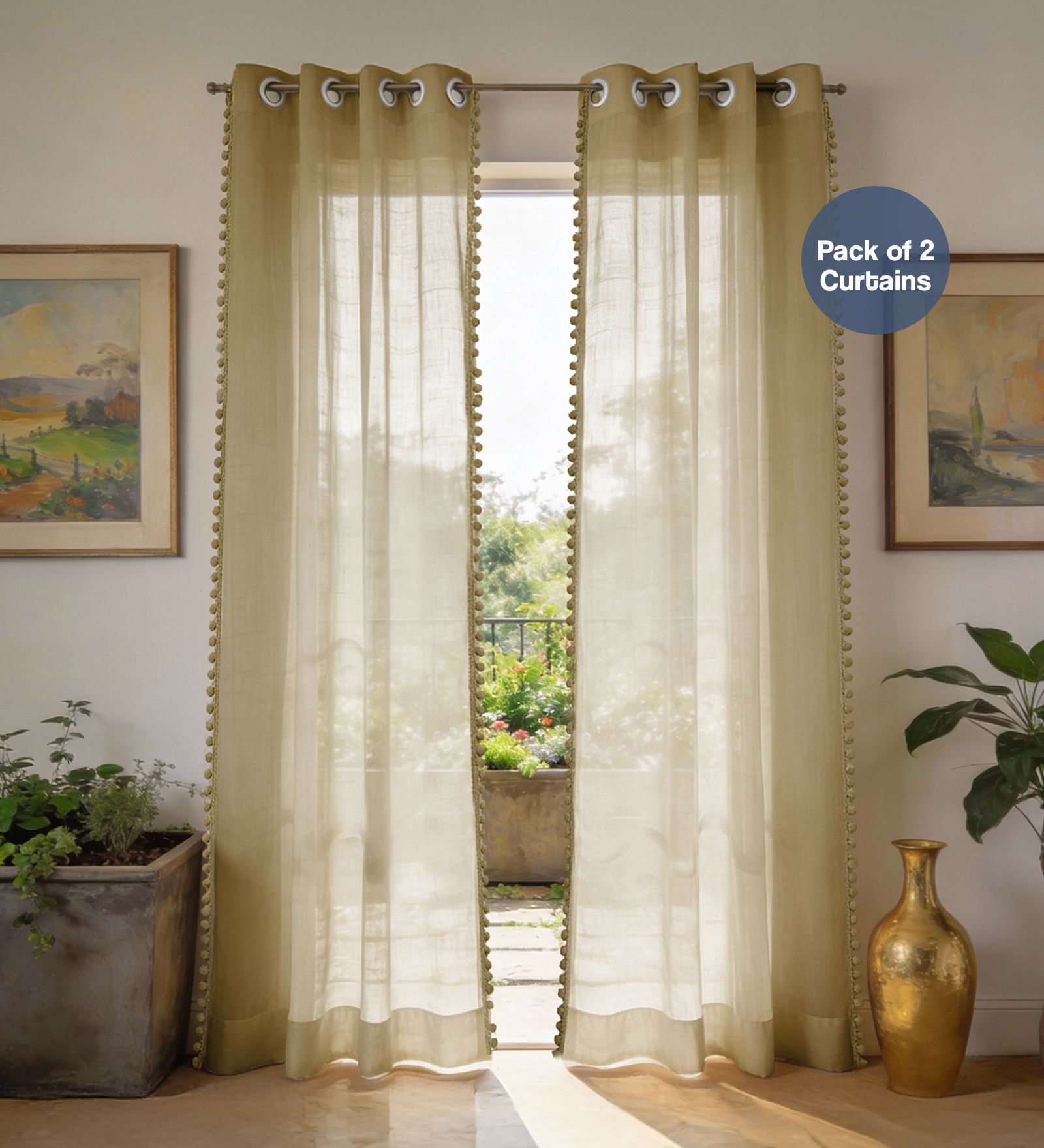 Taupe with pom pomSolid Polyester Curtains for Door Pack of 2