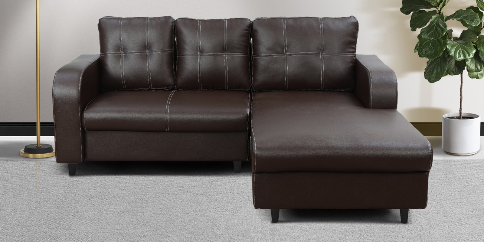 Tanaka Leatherette LHS Sectional Sofa (2 + Lounger) in Chocolate Brown Colour
