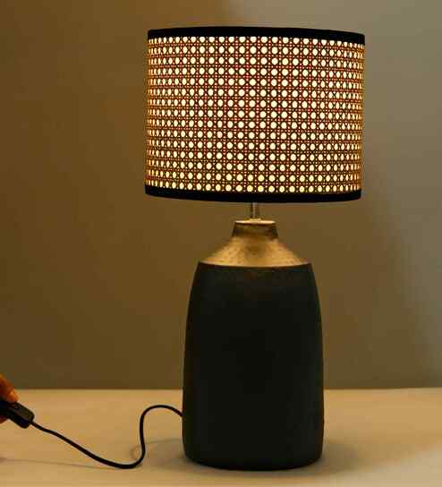 Table Lamps  Black Metal Base With Rattan Fabric Lampshade 21"For Home Decoration