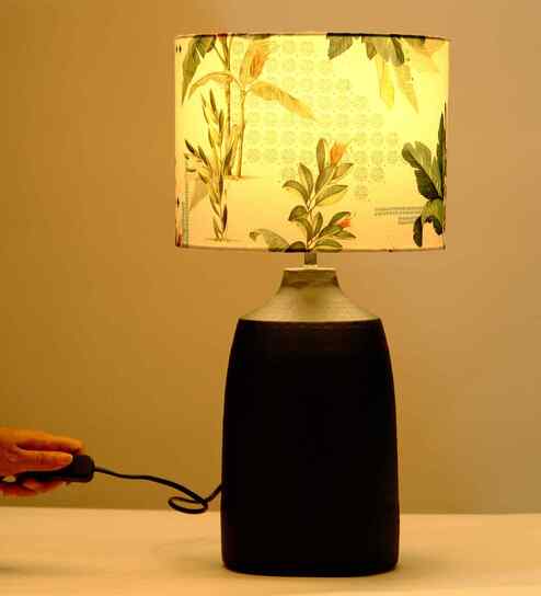 Table Lamps Black Metal Base With Green Tropical Fabric Lampshade 21" For Home Decoration