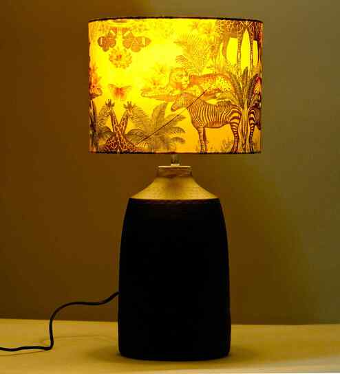 Table Lamps Black Metal Base With Jungle Tale Fabric Lampshade 21" For Home Decoration