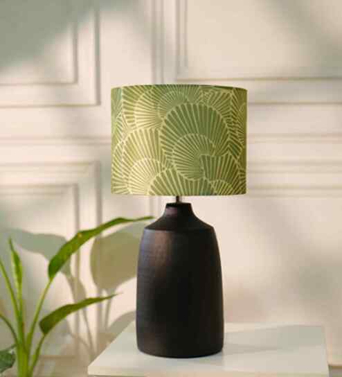 Table Lamps Black Metal Base With Mango Silk Lily Leaves Fabric Lampshade 21" For Home Decoration