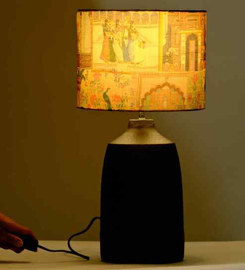 Table Lamps Black Metal Base With Mharani Fabric Lampshade 21" For Home Decoration