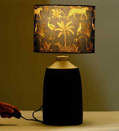 Table Lamps Black Metal Base With Savana Blues Fabric Lampshade 21" For Home Decoration