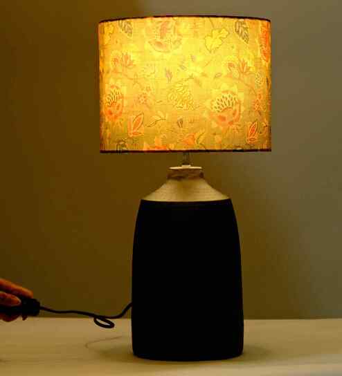 Table Lamps Black Metal Base With Silk Persian Flower Fabric Lampshade 21" For Home Decoration