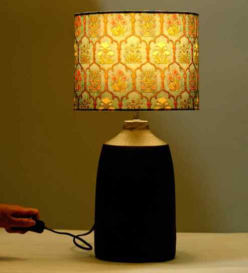 Table Lamps Black Metal Base With Teal Garland Fabric Lampshade 21" For Home Decoration