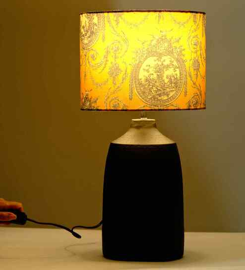 Table Lamps Black Metal Base With Yellow Victorian Fabric Lampshade 21" For Home Decoration