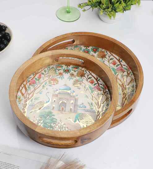 Taj Mahal Garden Wooden Tray Set   Mughal Art Design (Set of 2)