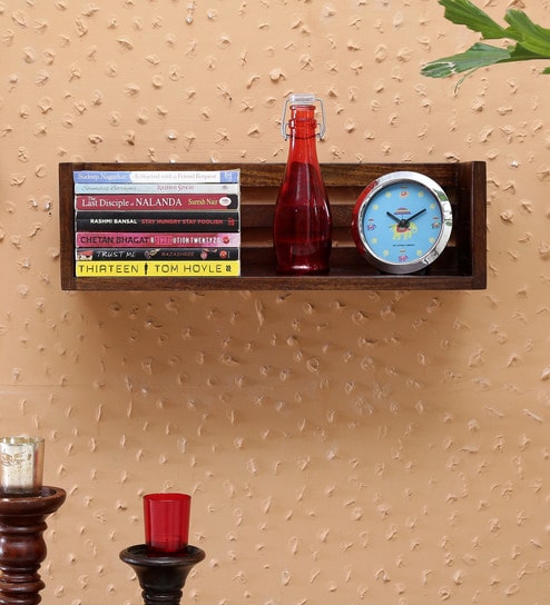 Sheesham Wood Floating Book Shelf in Provincial Teak Finish  by Wooden Mood
