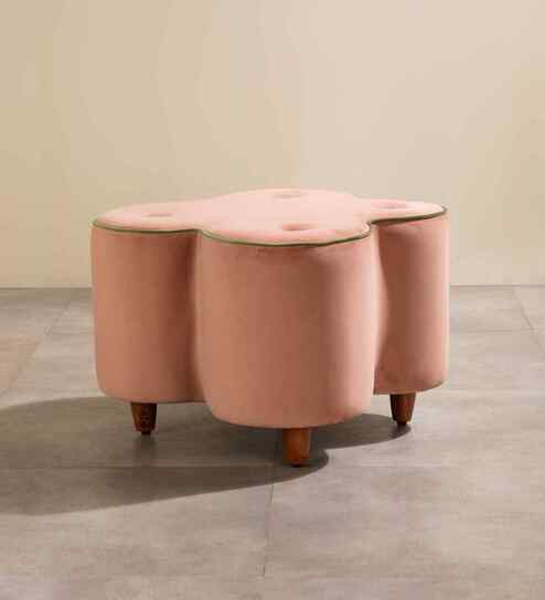 Tamara Acacia Wood Pouffe in Peach Velvet Color