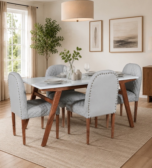 Tamarack Acacia Wood 4 Seater Dining Set In Natural Glazed Finish with Grey leatherette