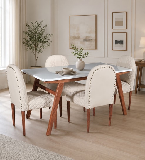 Tamarack Acacia Wood 4 Seater Dining Set In Natural Glazed Finish with Off White Leatherette